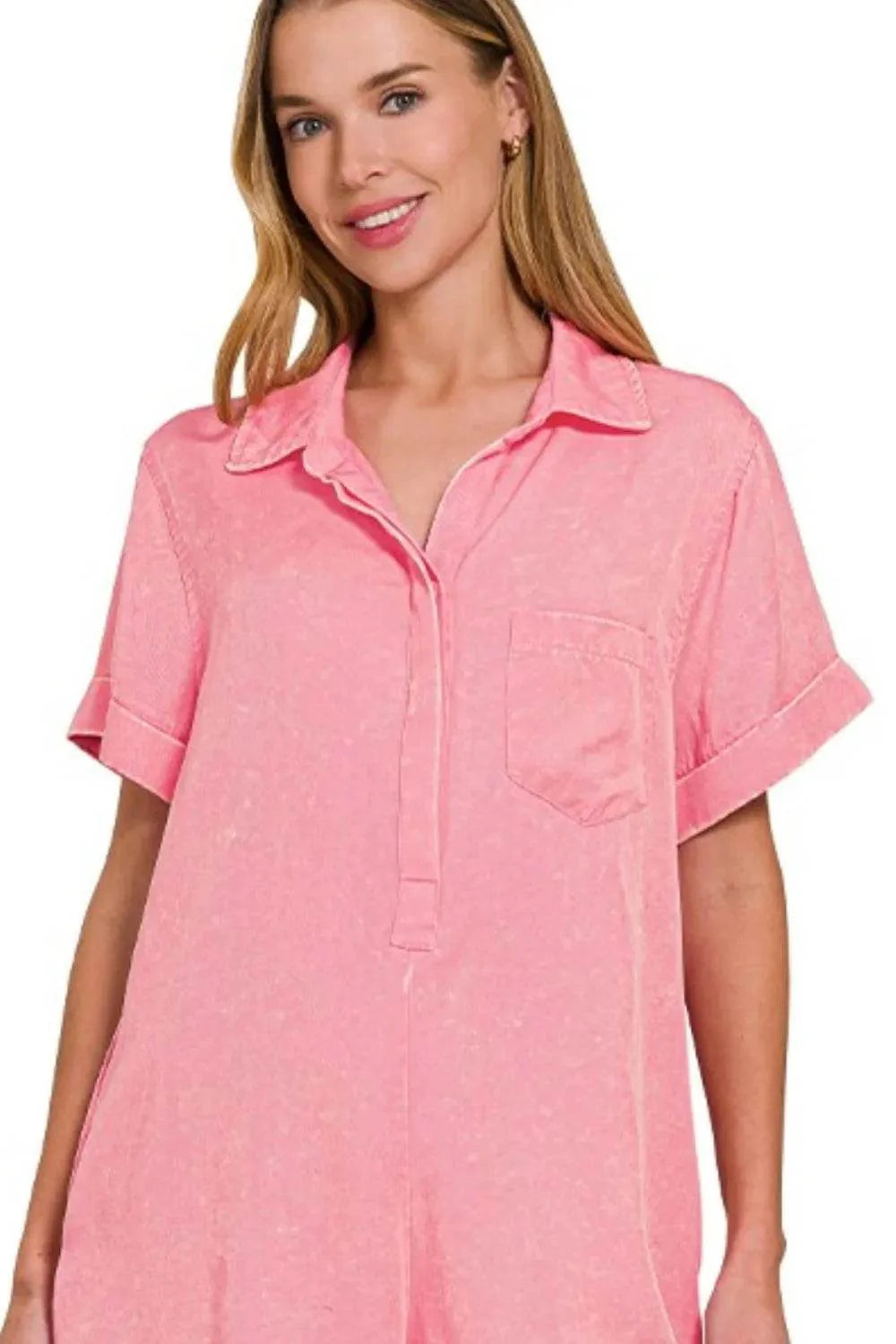 Zenana Tencel Mineral Washed Half Button Shirts Romper