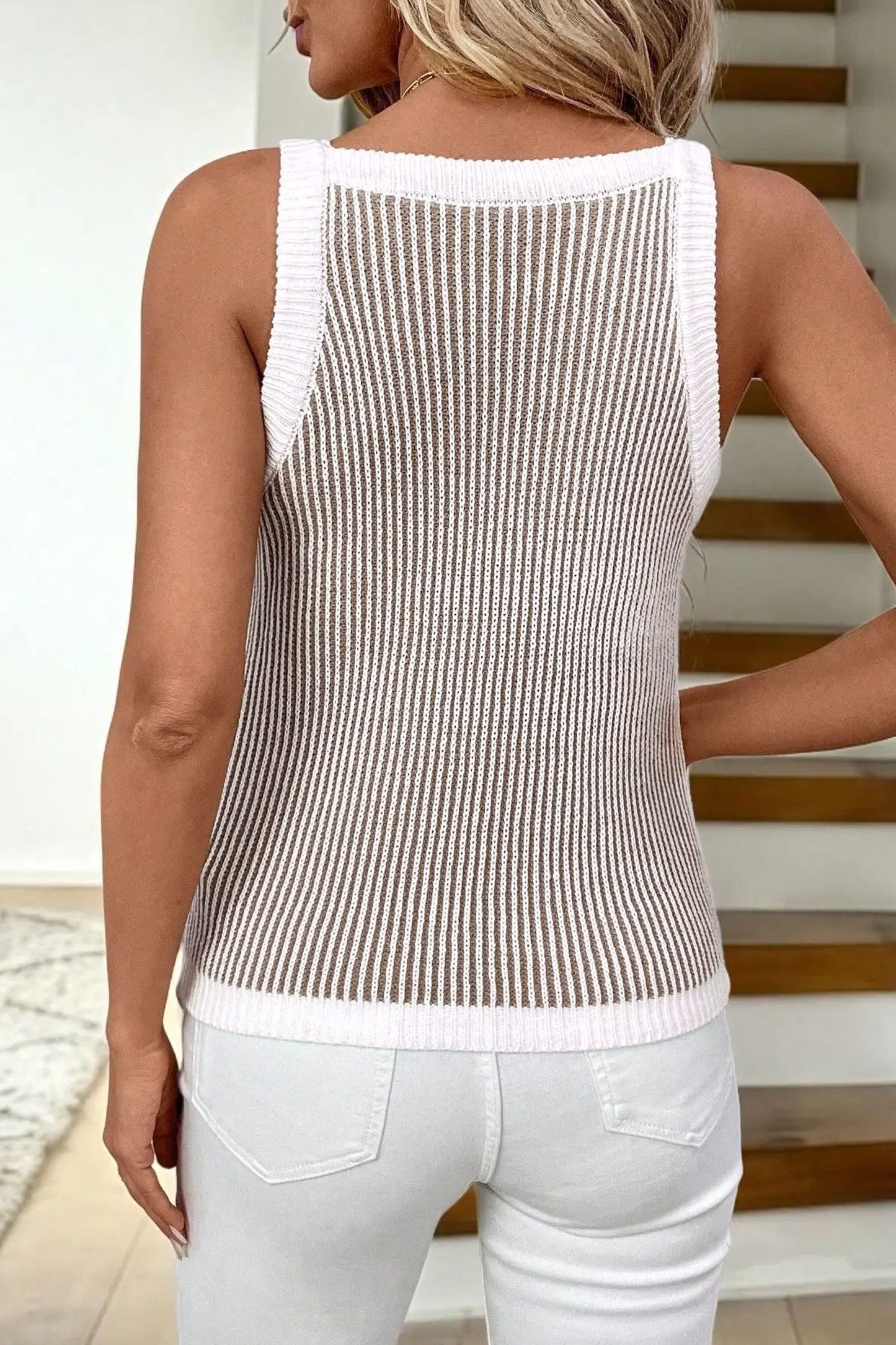 Ribbed Knit Contrast Trim Sweater Tank Top