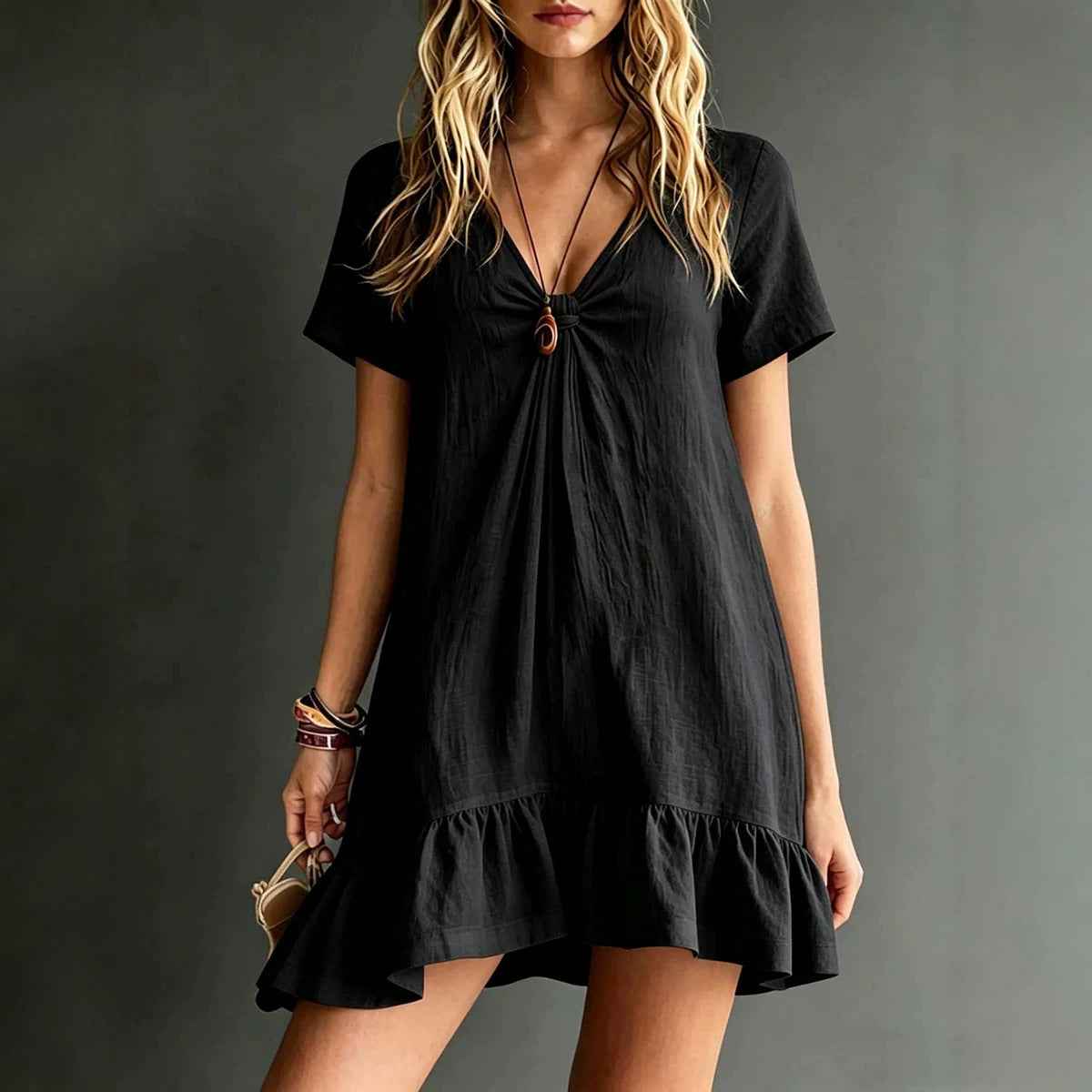 Women's V-Neck Short-Sleeve Midi Dress – Ice Silk Crepe Loose Casual