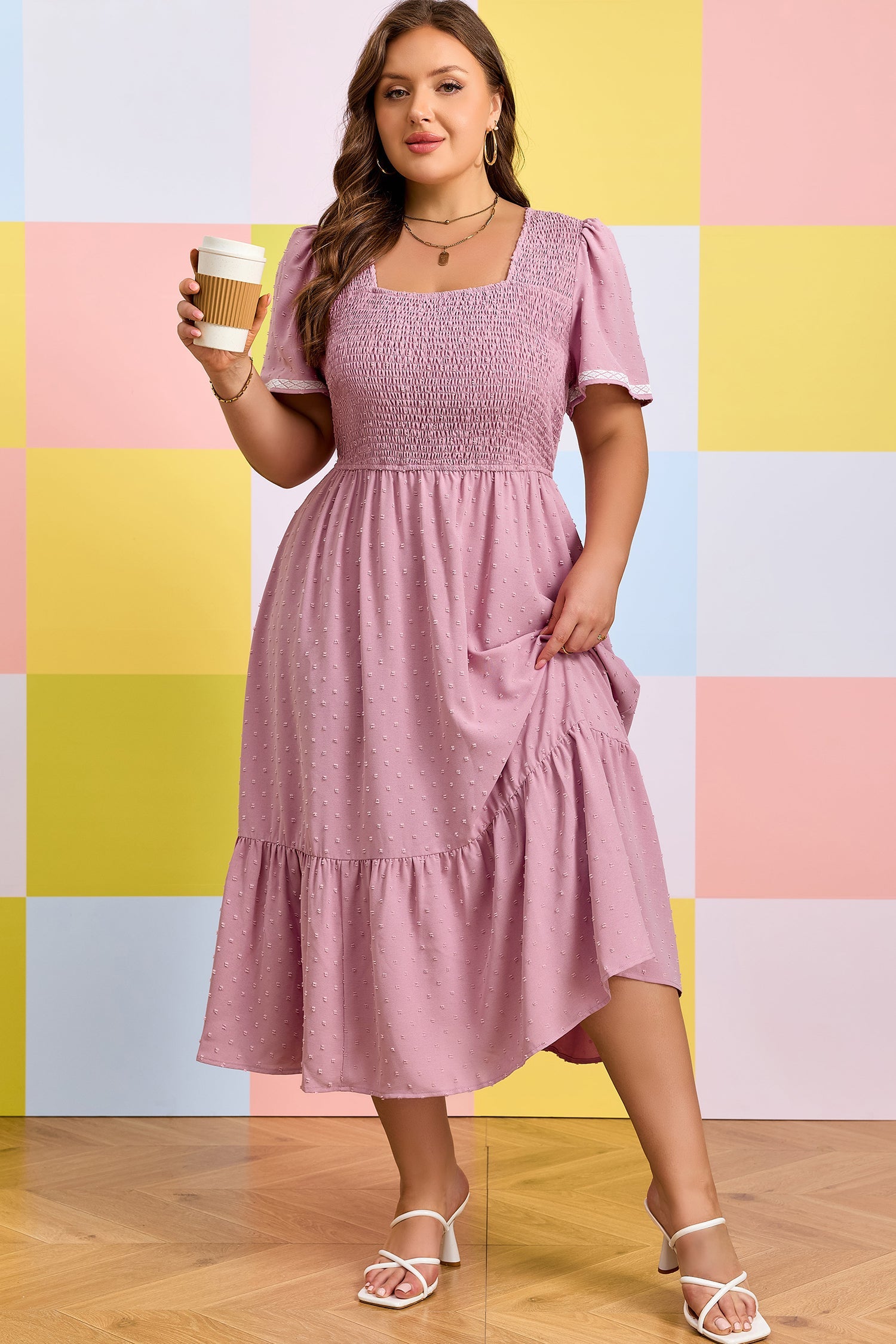 Plus Size Swiss Dot Smocked Flowy Midi Dress