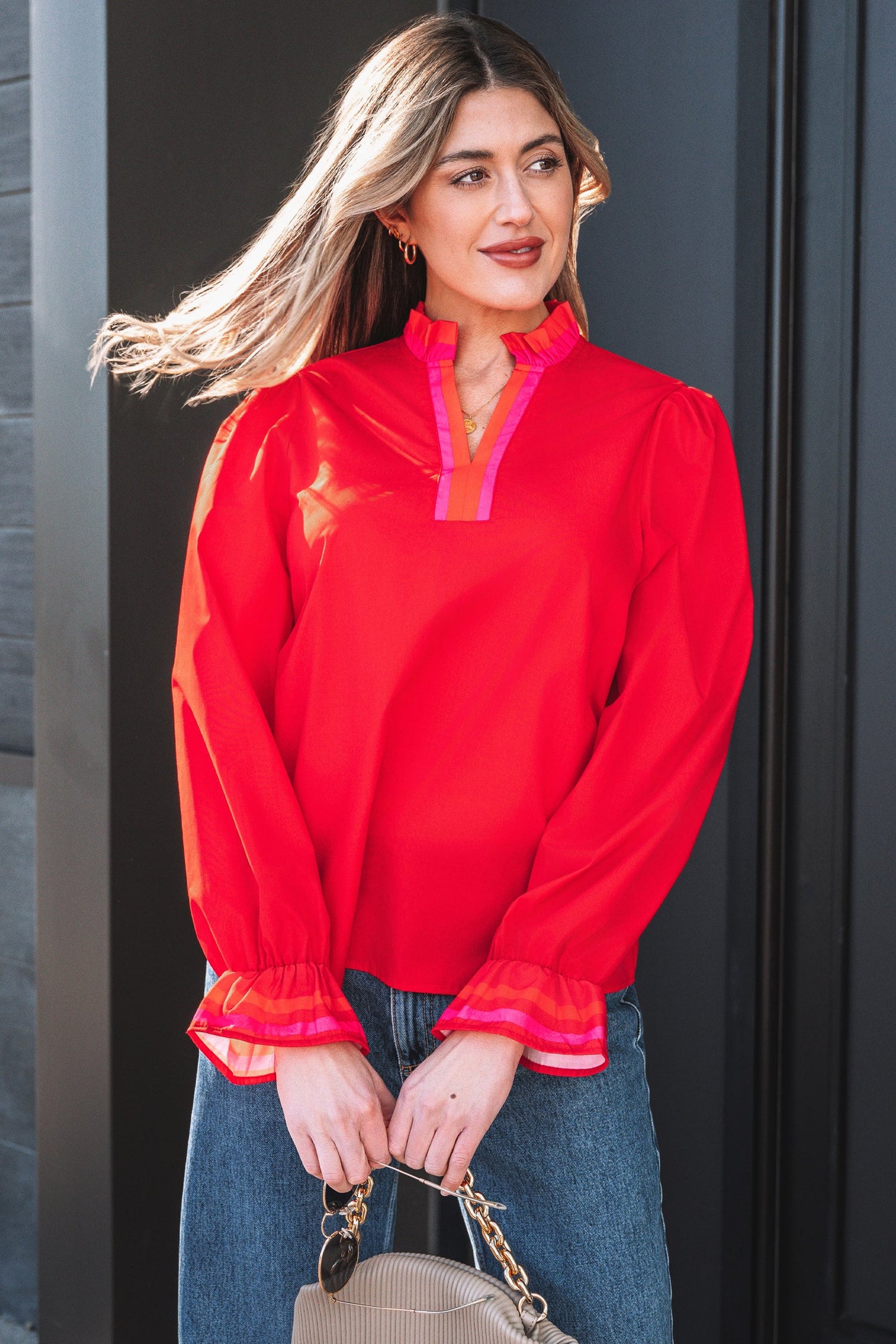 Stripe Trim Ruffle Split Neck Long Sleeve Blouse