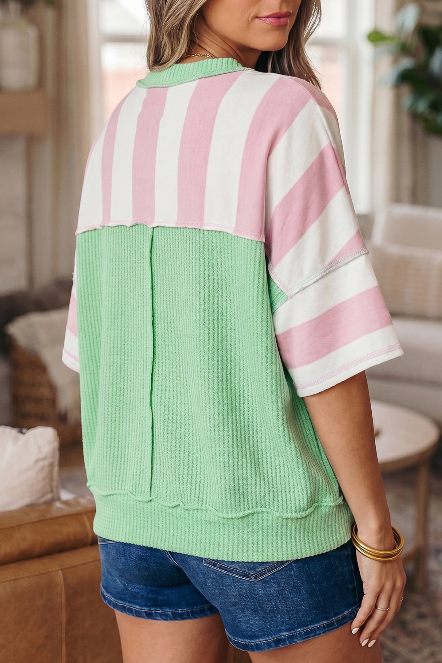 Stripe Exposed Seam Ribbed Patchwork Oversized Tee