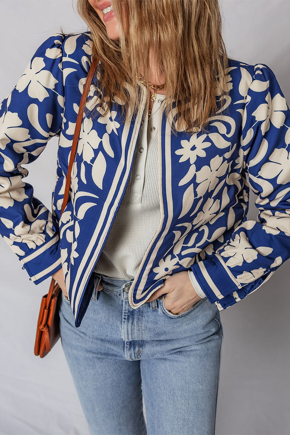 Floral Open Front Buttoned Cuff Jacket