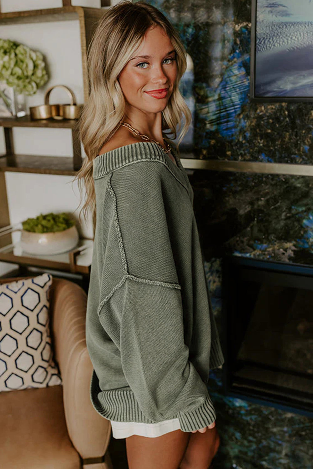 Mineral Wash Reverse Seam V-Neck Drop Shoulder Sweater