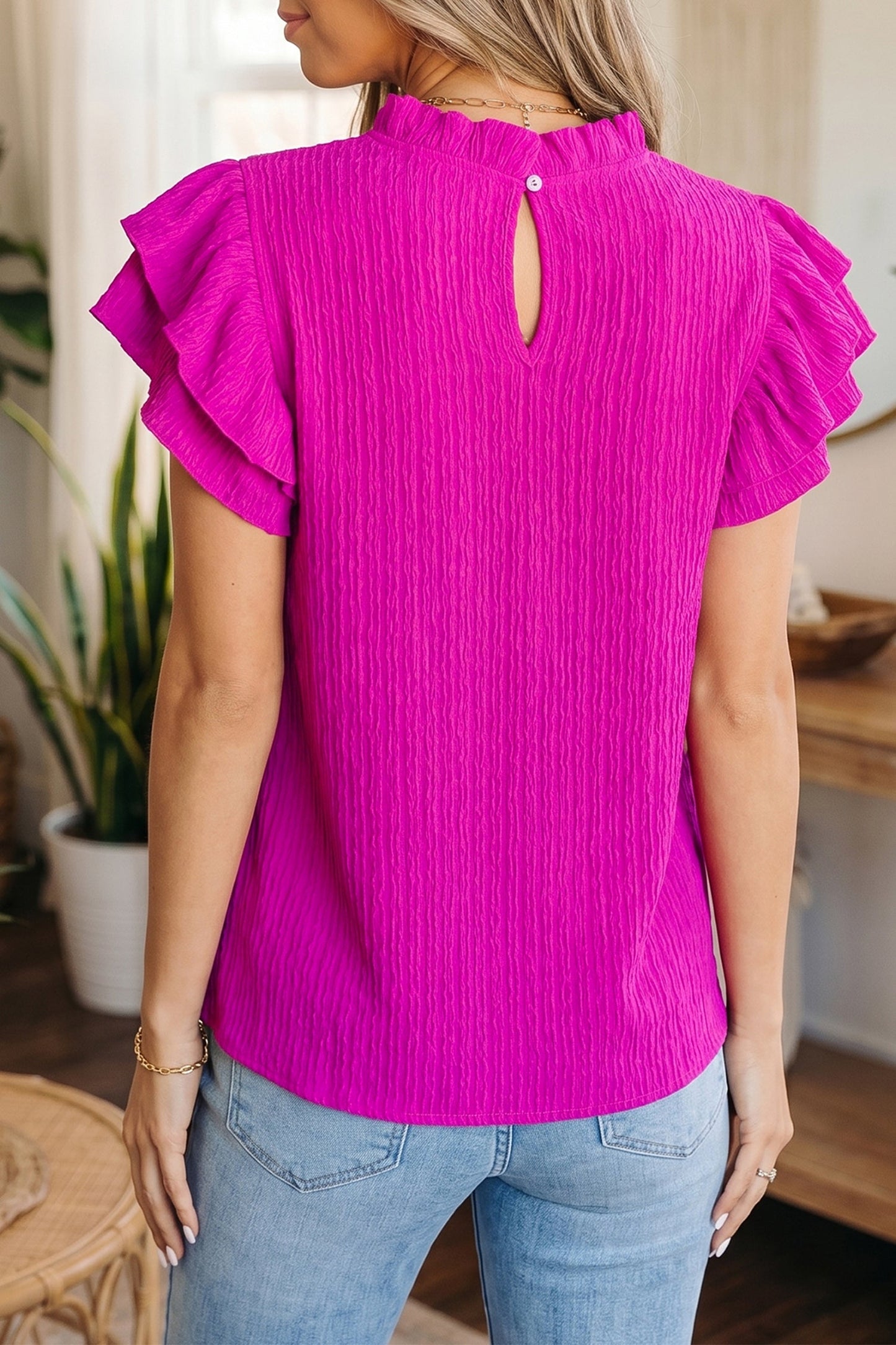 Solid Textured Ruffle Trim Short Sleeve Blouse