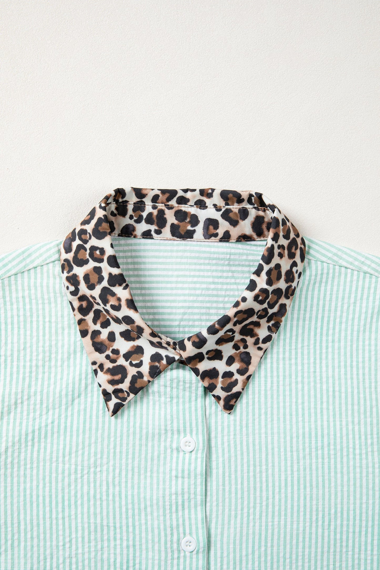 Stripe Leopard Contrast Collar Short Sleeve Shirt