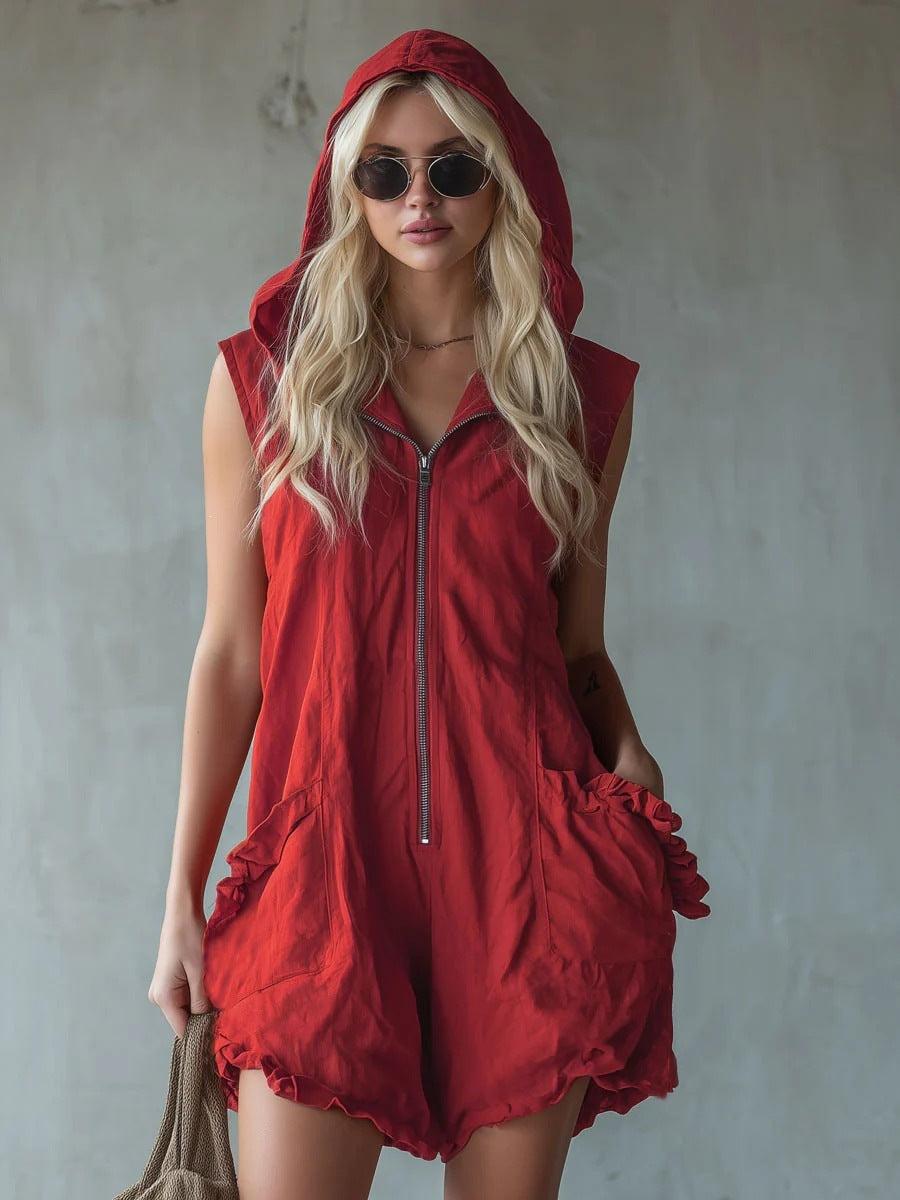Women's Retro Hooded Zip-Up Sleeveless Cropped Romper