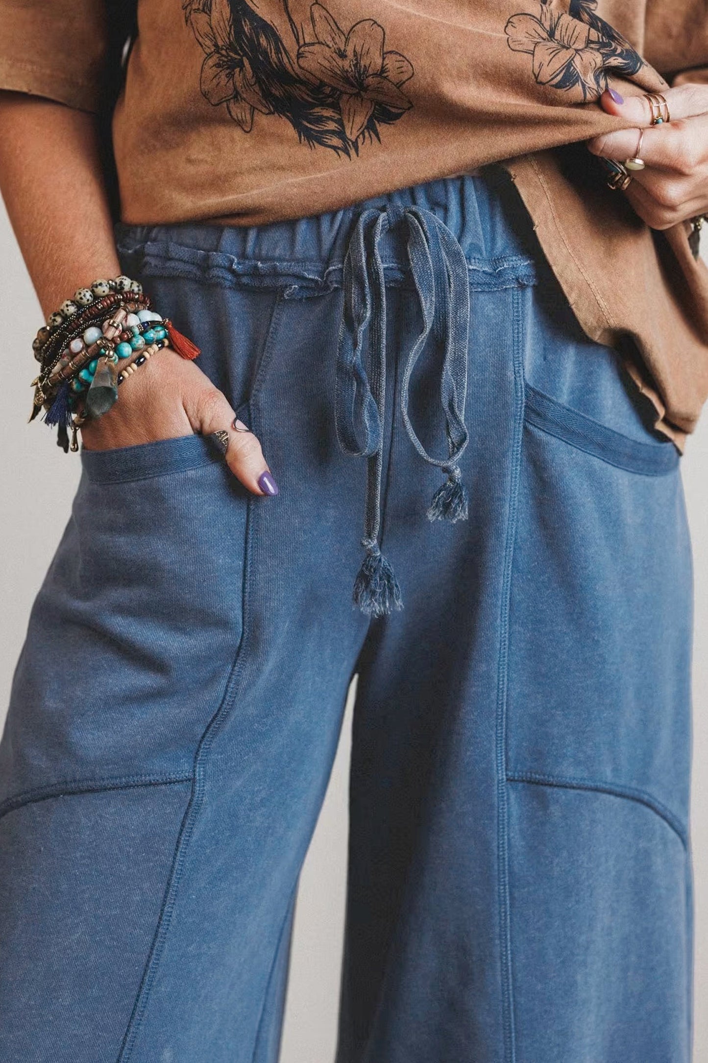 Solid Mineral Wash Drawstring Wide Leg Pants