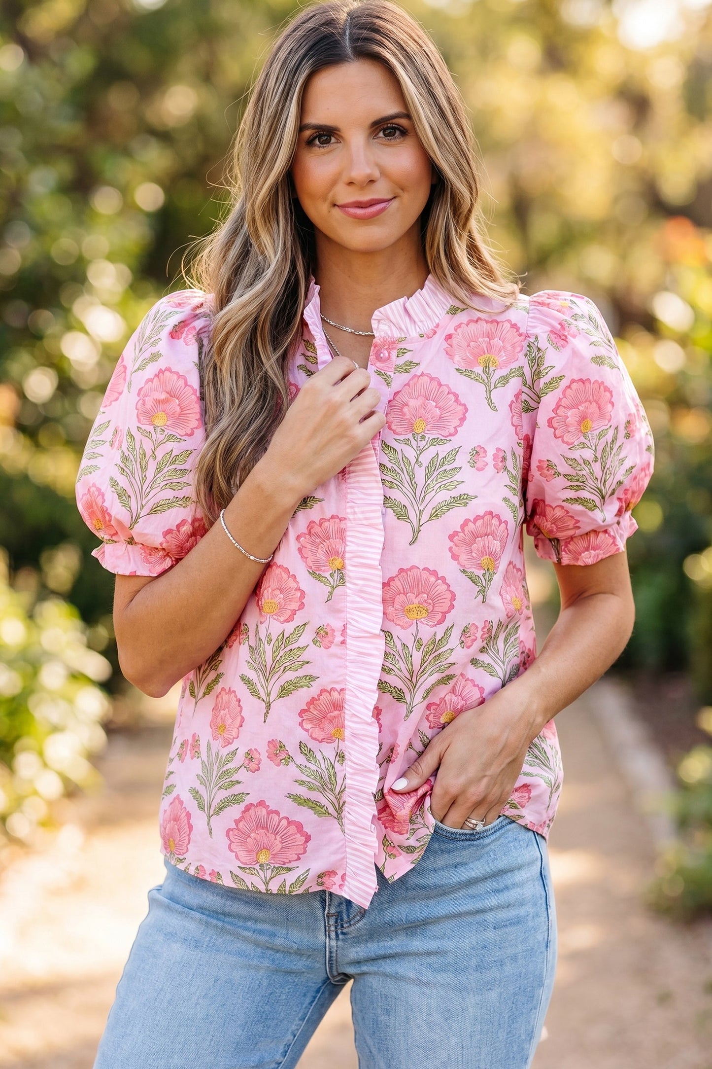 Floral Ruffle Stripe Trim Puff Sleeve Shirt