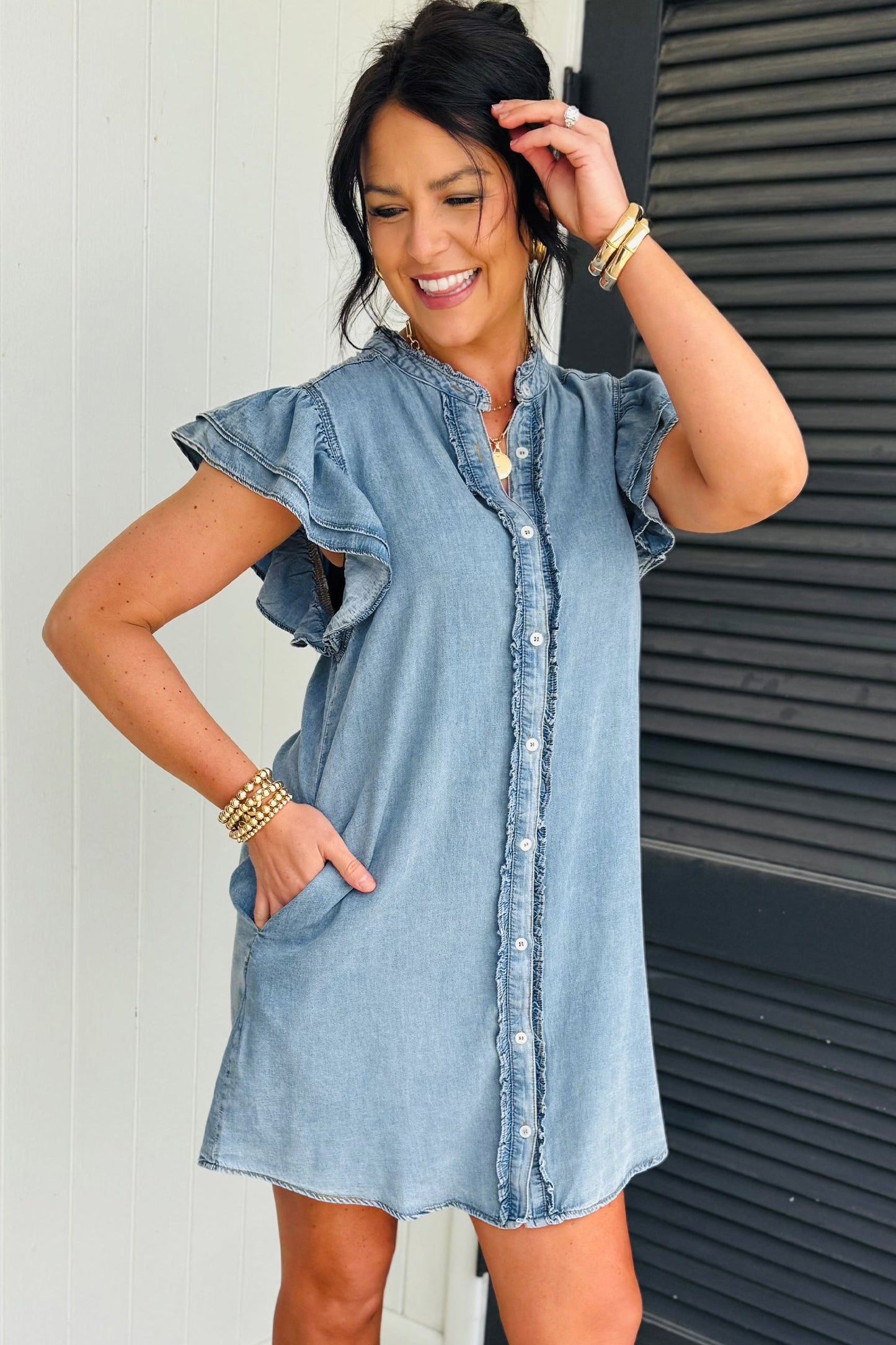 Solid Denim Frilled Ruffle Sleeve Buttoned Mini Dress
