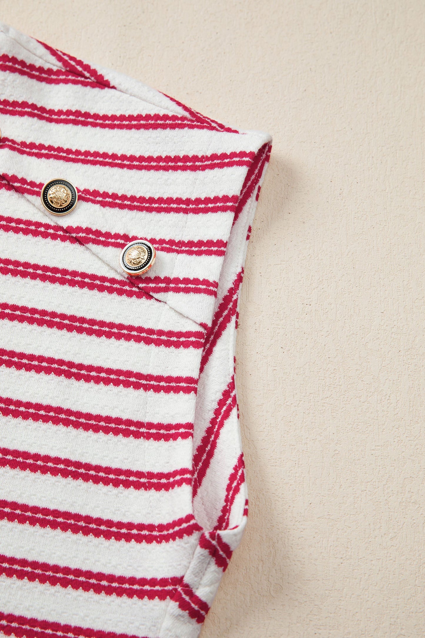Stripe Textured Knit Buttoned Shoulder Short Sleeve Tee
