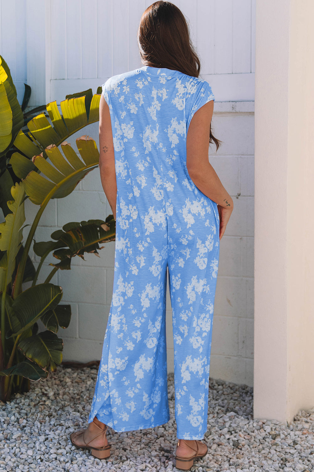 Floral Half-Button Sleeveless Wide Leg Jumpsuit