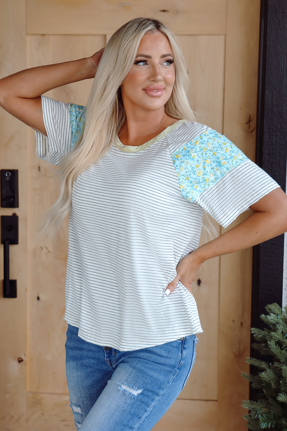 Floral Contrast Stripe Patchwork Raglan Sleeve Tee