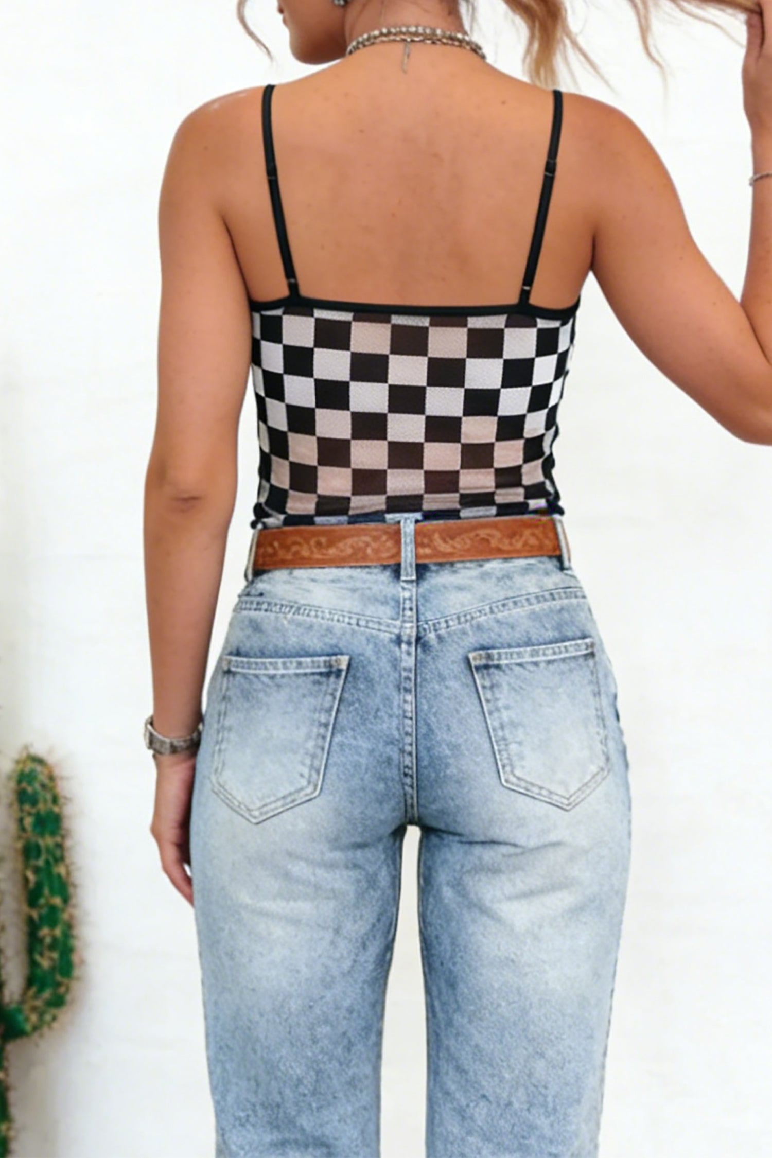 Checker Sheer Mesh Spaghetti Strap Tank Top