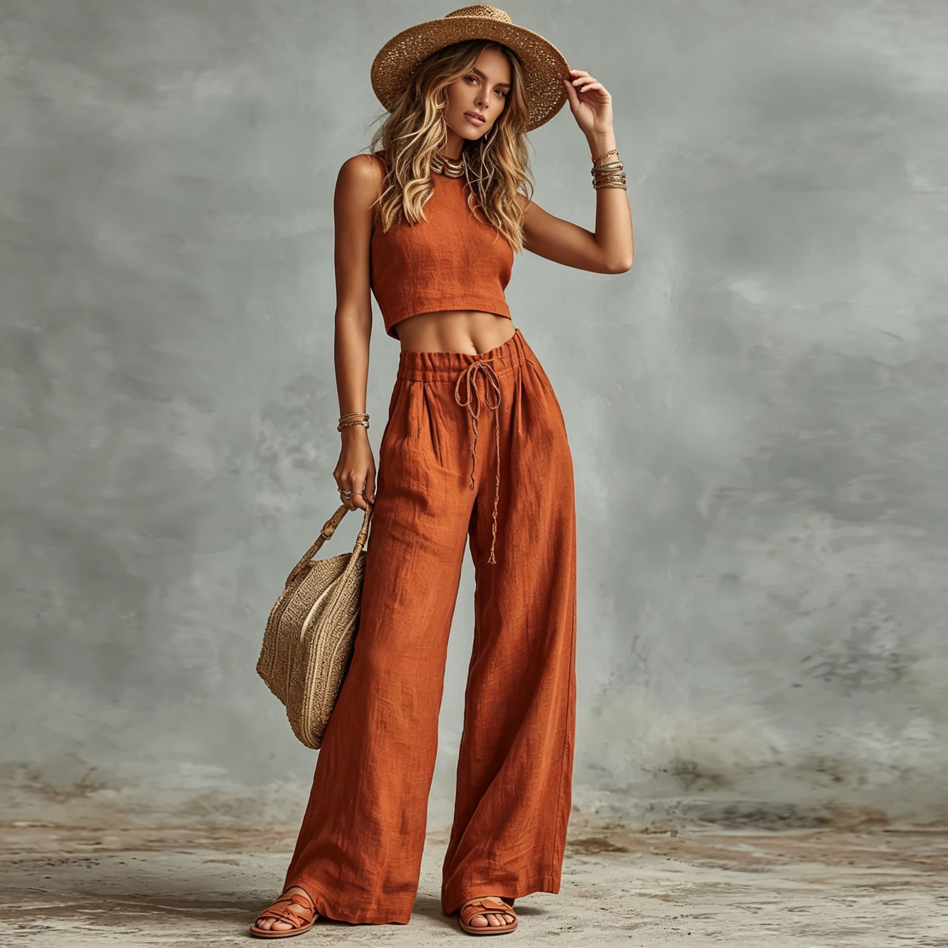 Women's Sleeveless Vest & Drawstring High-Waist Wide-Leg Pants Set