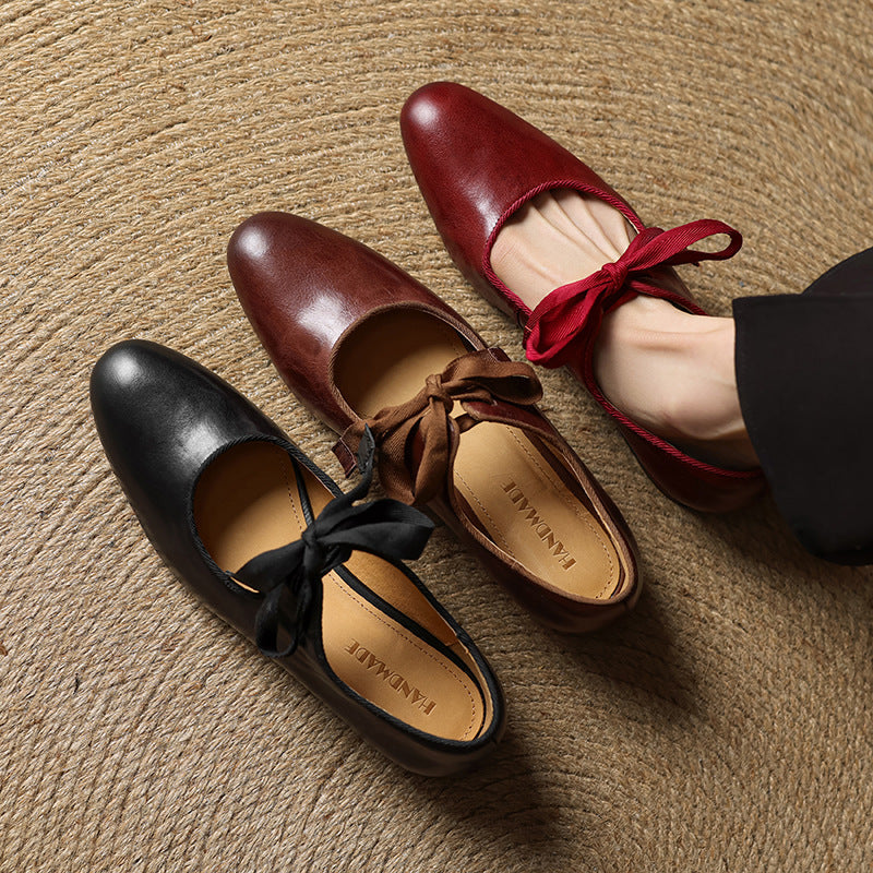 Women's French Vintage Genuine Leather Round Toe Chunky Heel Shoes