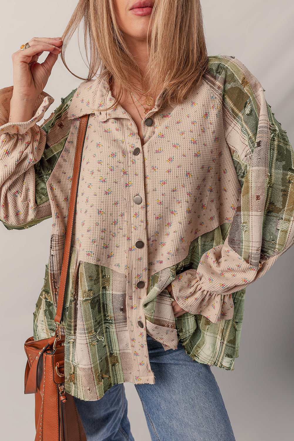 Floral Plaid Patchwork Ruffle Waffle Knit Shacket