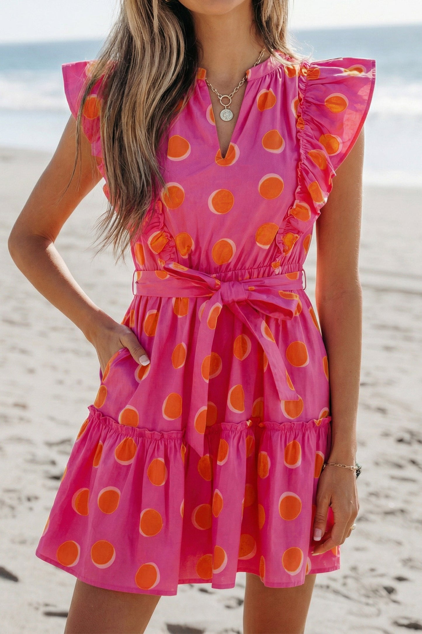 Polka Dot V-Neck Ruffle Belted Mini Dress