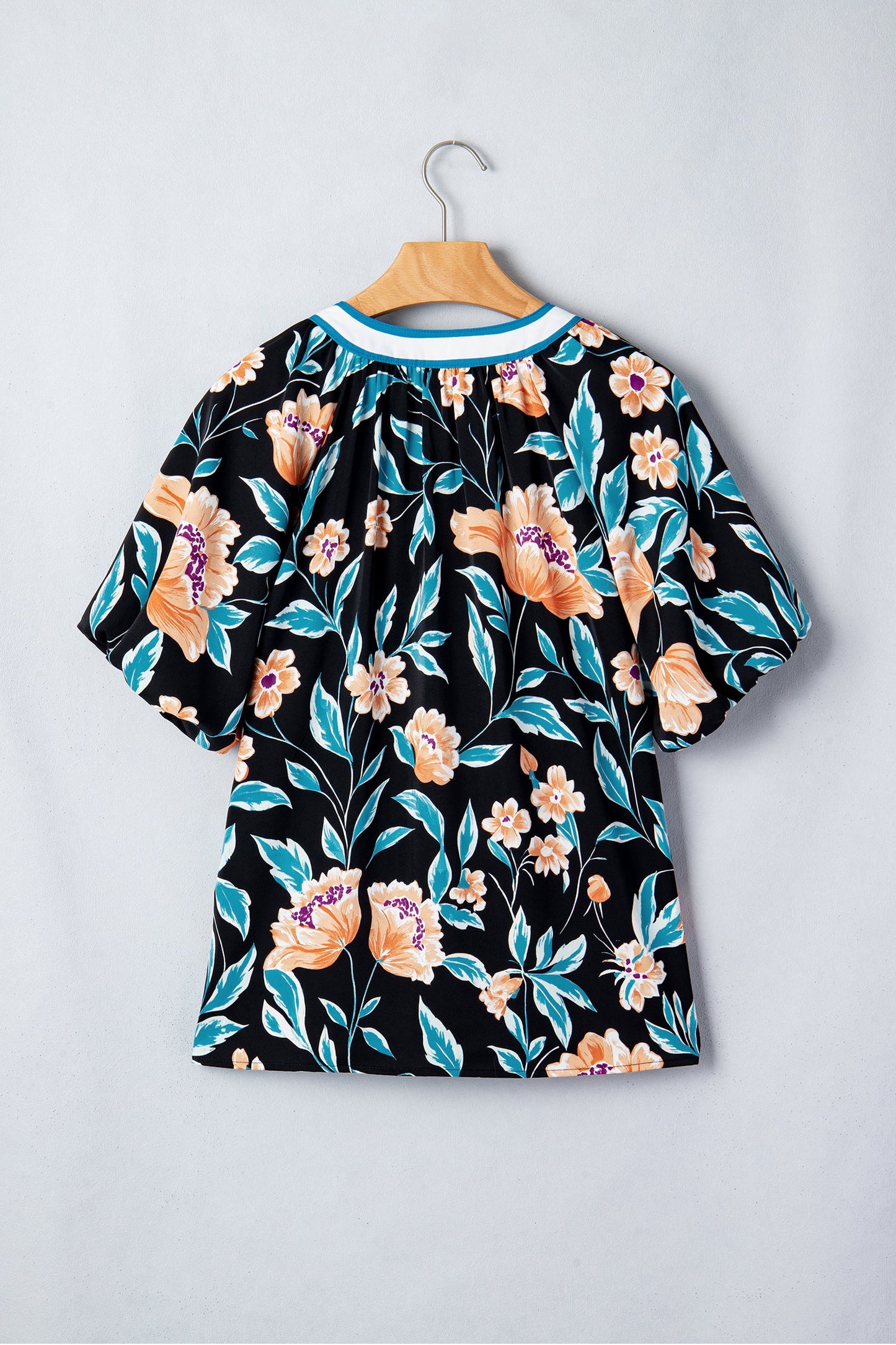 Floral Bubble Sleeve Buttoned Notch Neck Blouse