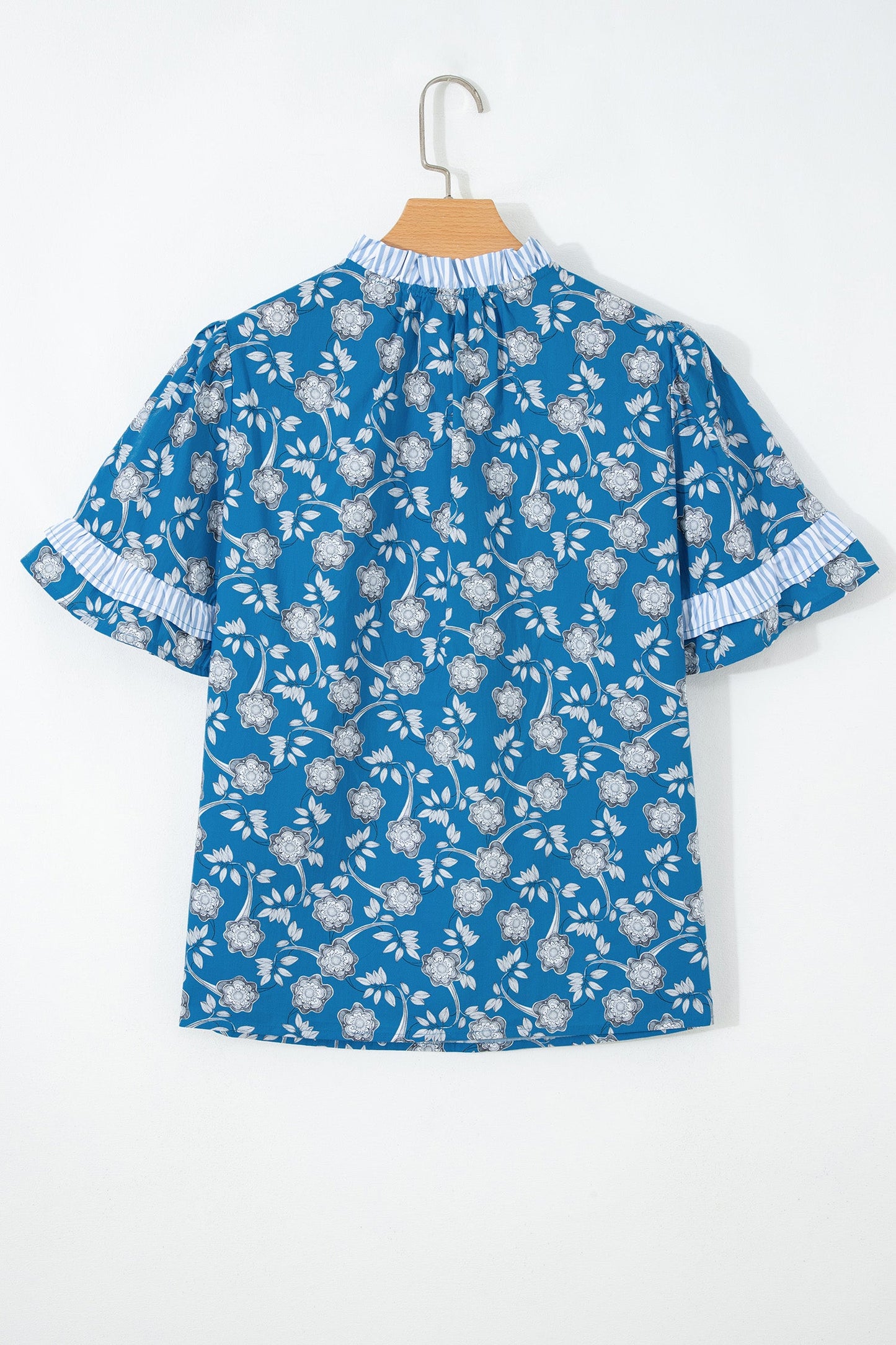 Floral Stripe Trim Tie-Neck Short Sleeve Blouse
