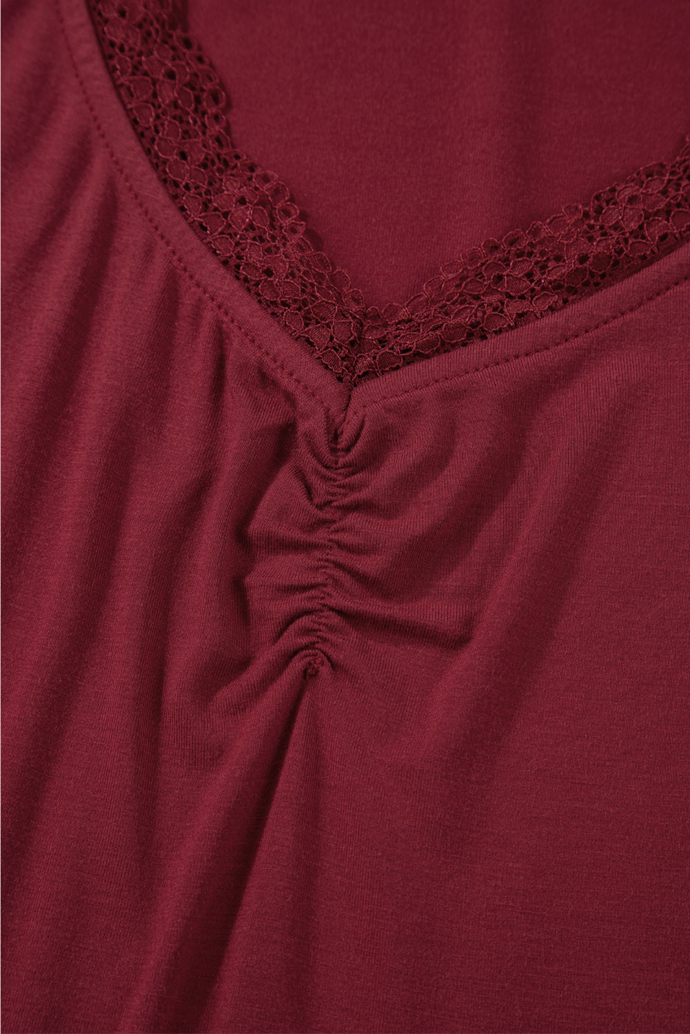 Lace Trim Ruched V-Neck Long Sleeve Top