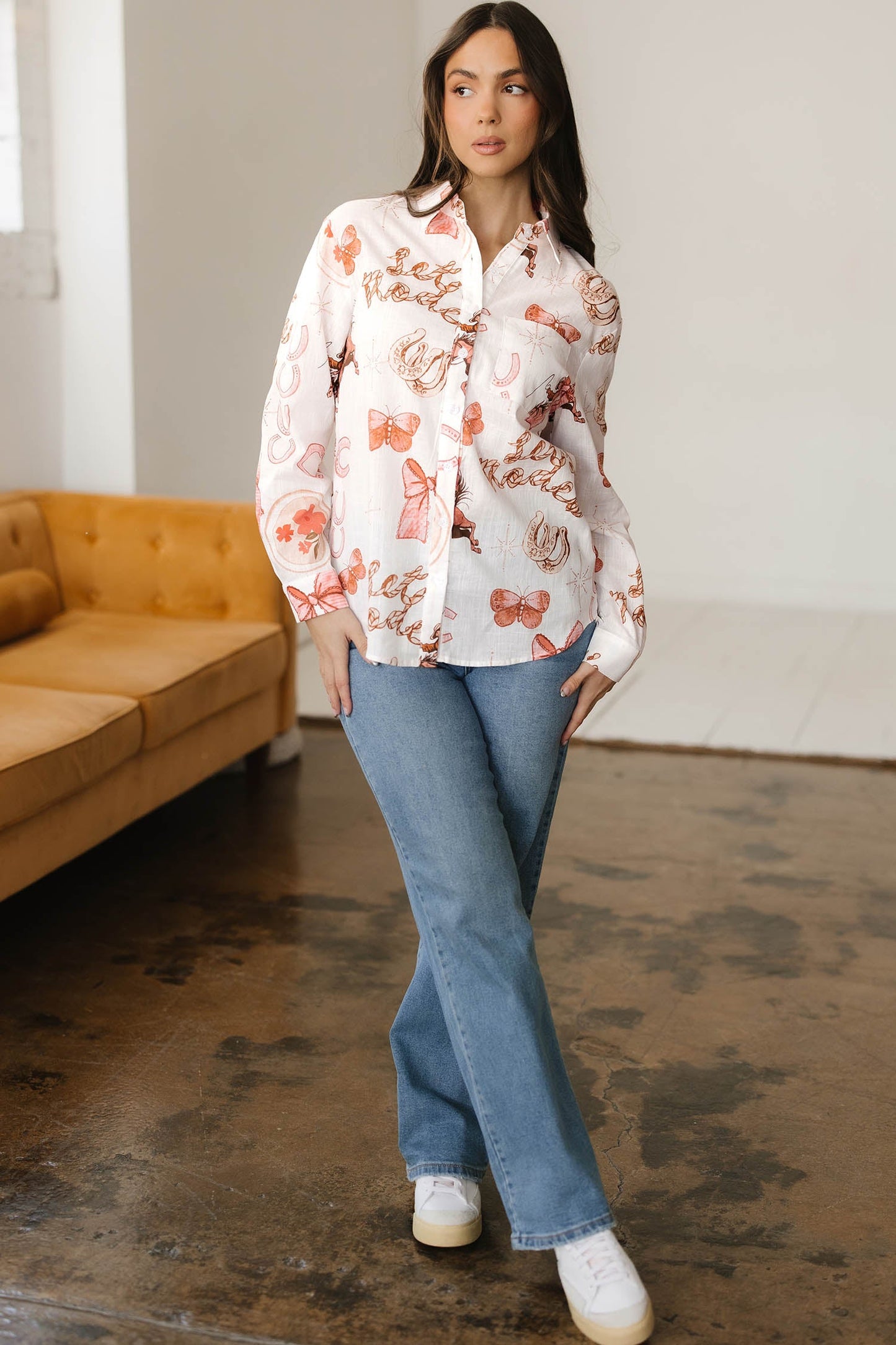 Western Rodeo Cowgirl Buttoned Long Sleeve Shirt