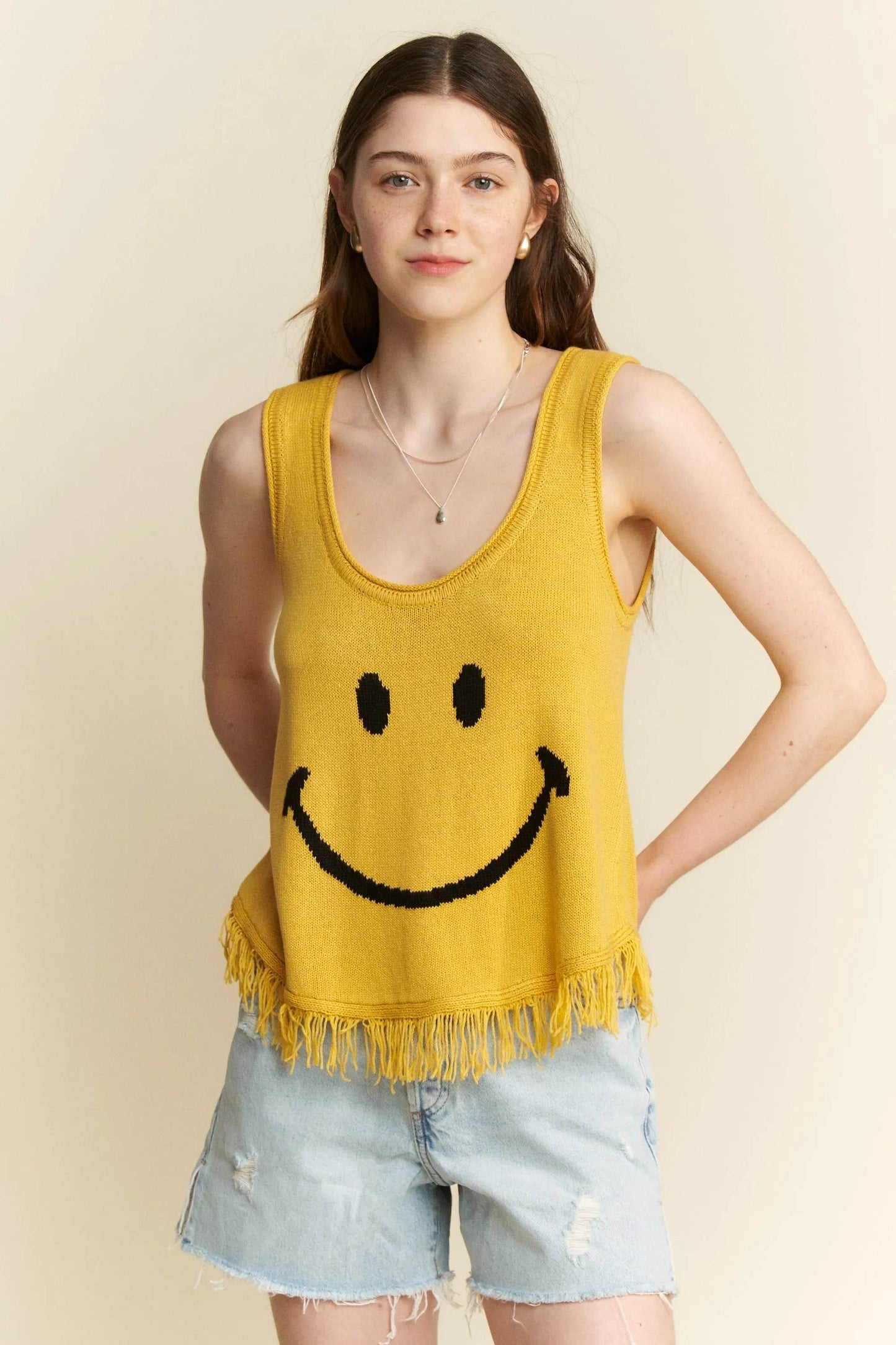 Jade By Jane Full Size Smiley Fringe Tank Top Plus Size