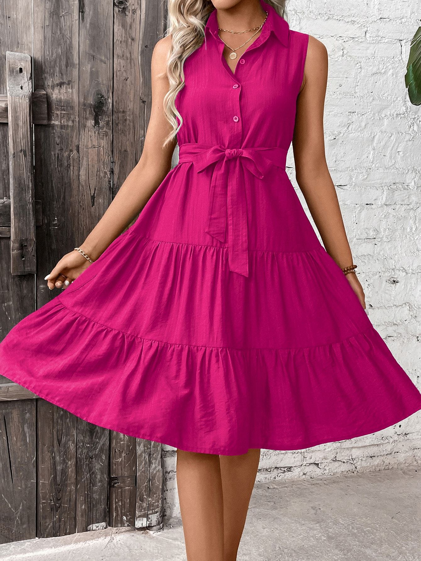 Women's Ruffle Hem Belted Shirt Maxi Dress