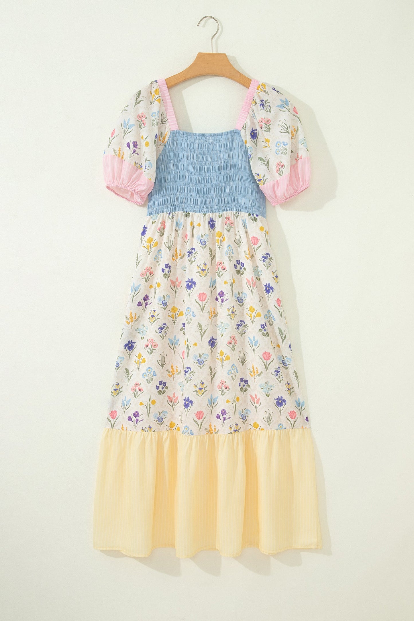 Floral Stripe Colorblock Square Neck Shirred Dress