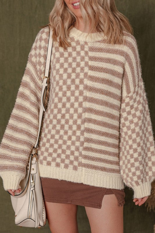 Stripe Checker Balloon Sleeve Sweater