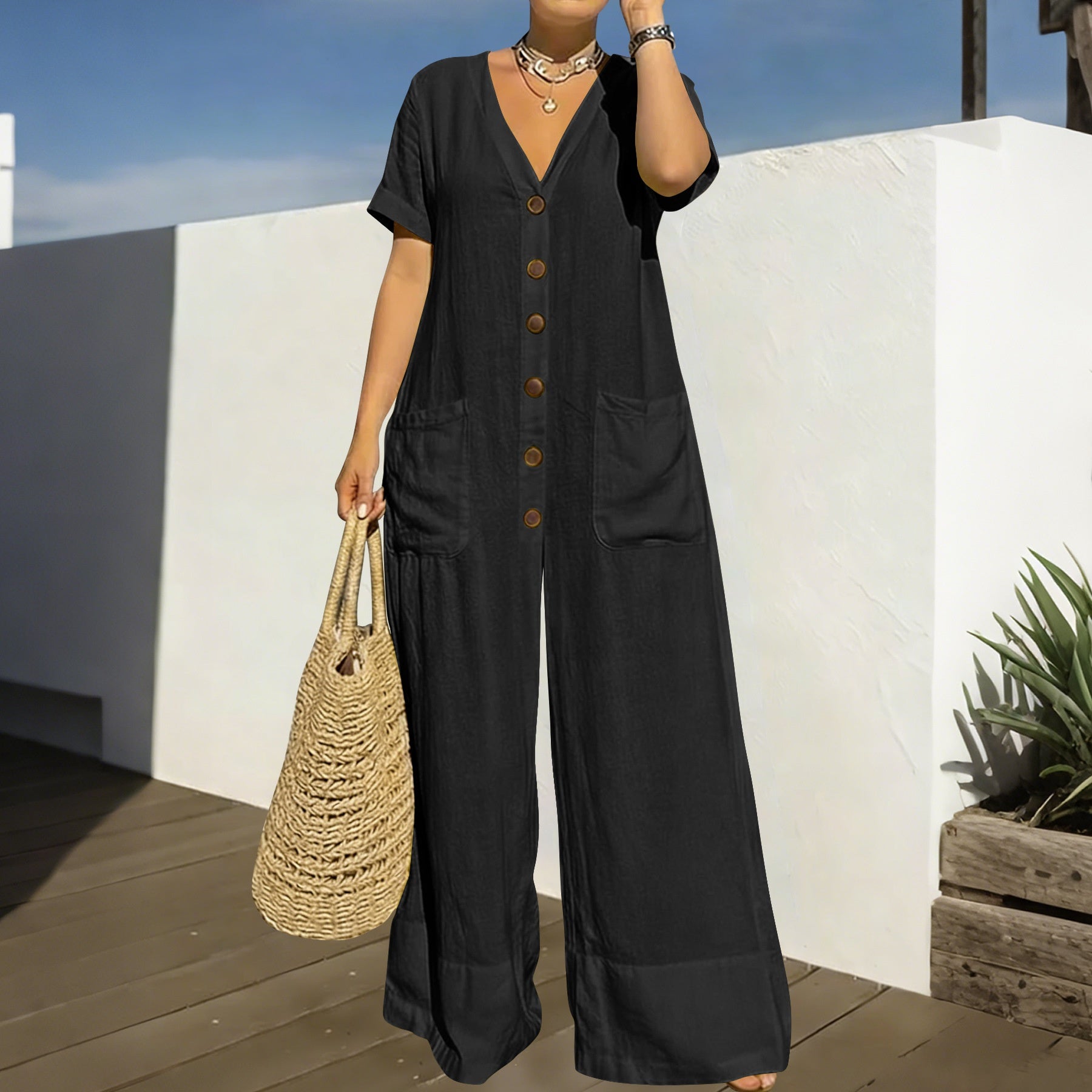 Women's Loose V-Neck Button Jumpsuit – Wide Leg Plus Size