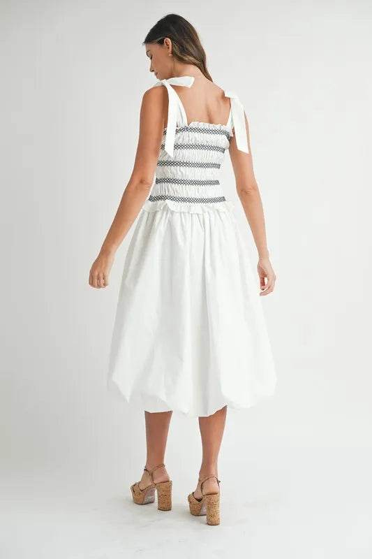 MABLE Smocked Bodice Bubble Midi Dress