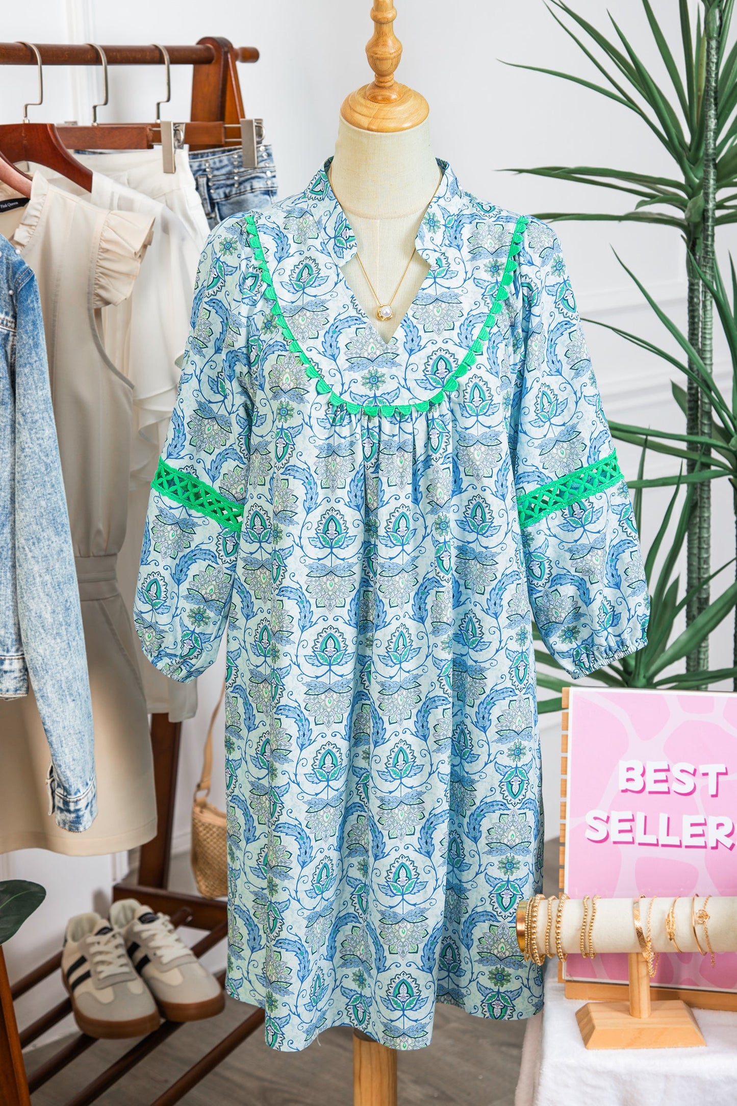 Paisley Patchwork Contrast Bracelet Sleeve Mini Dress