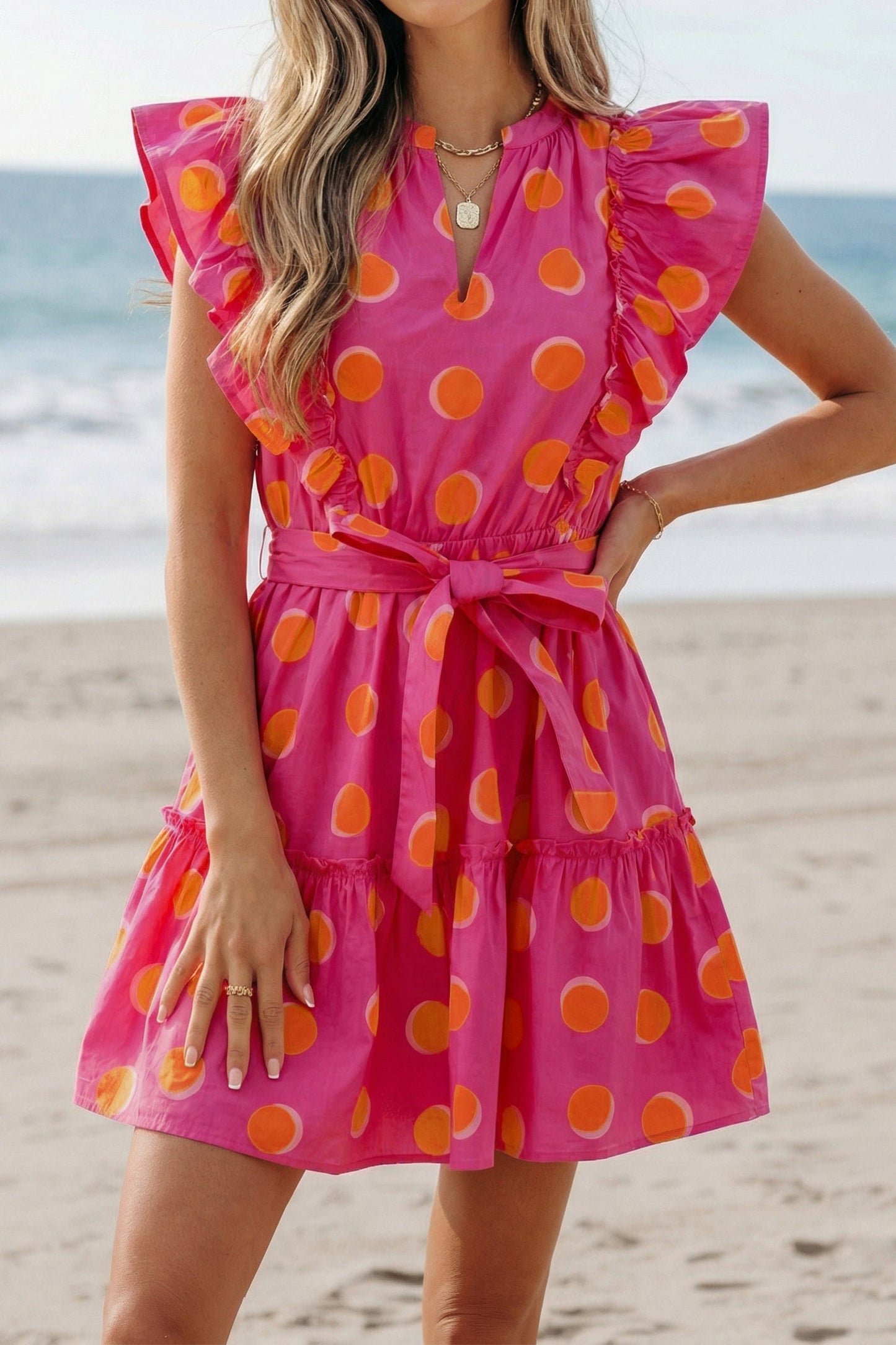 Polka Dot V-Neck Ruffle Belted Mini Dress