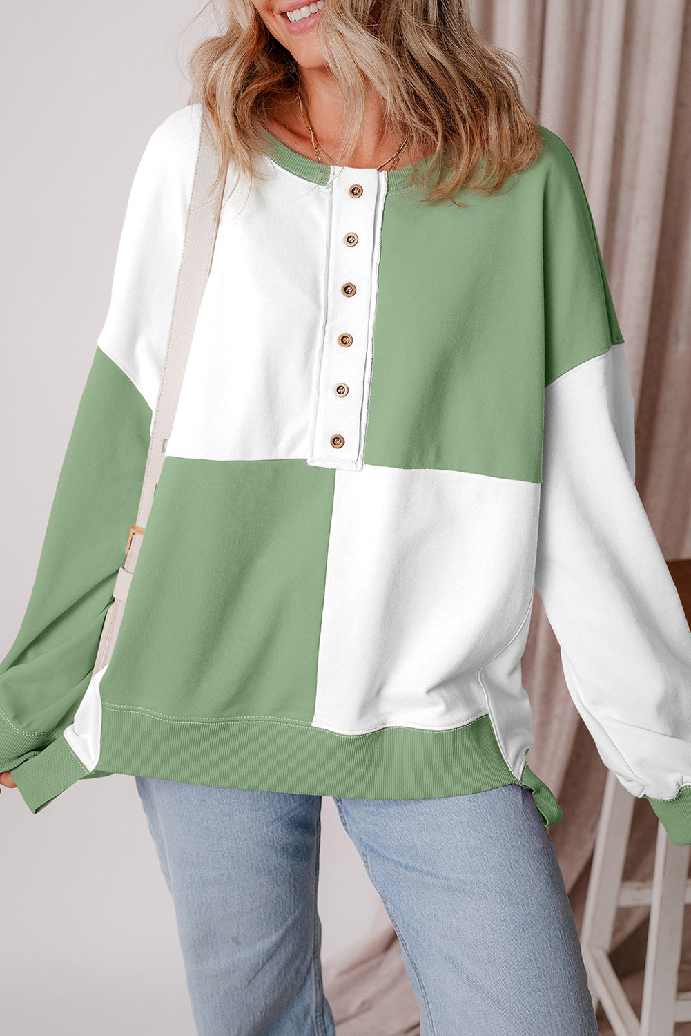 Colorblock Crewneck Henley Sweatshirt