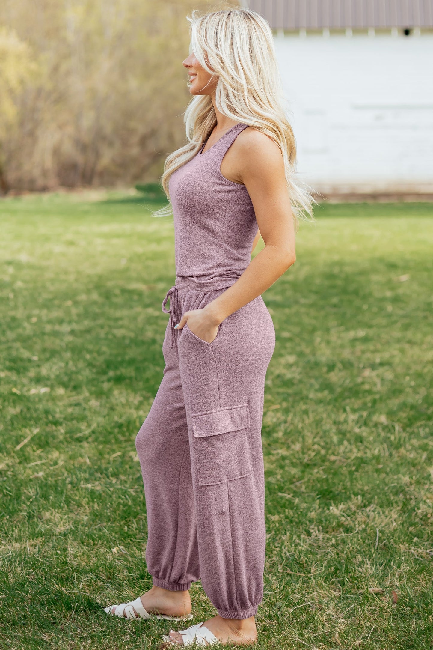 Solid Tank Top & Drawstring Jogger Pants Set