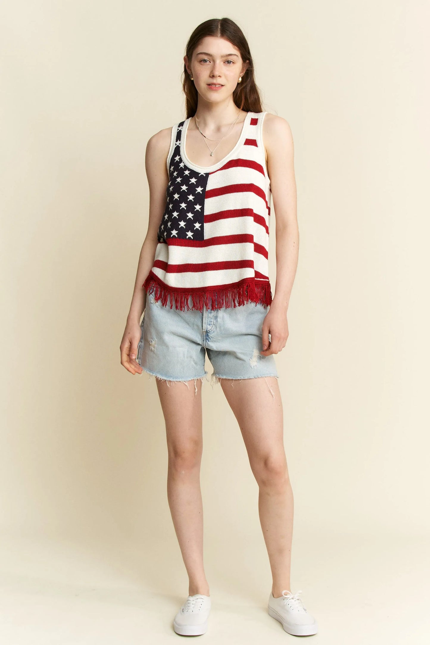 Jade By Jane Full Size American Flag Fringe Tank Top Plus Size
