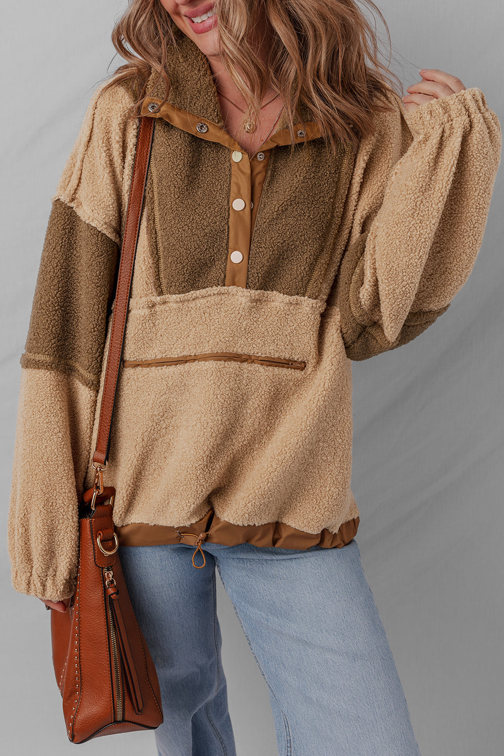Colorblock Sherpa Patchwork Half Button Sweatshirt