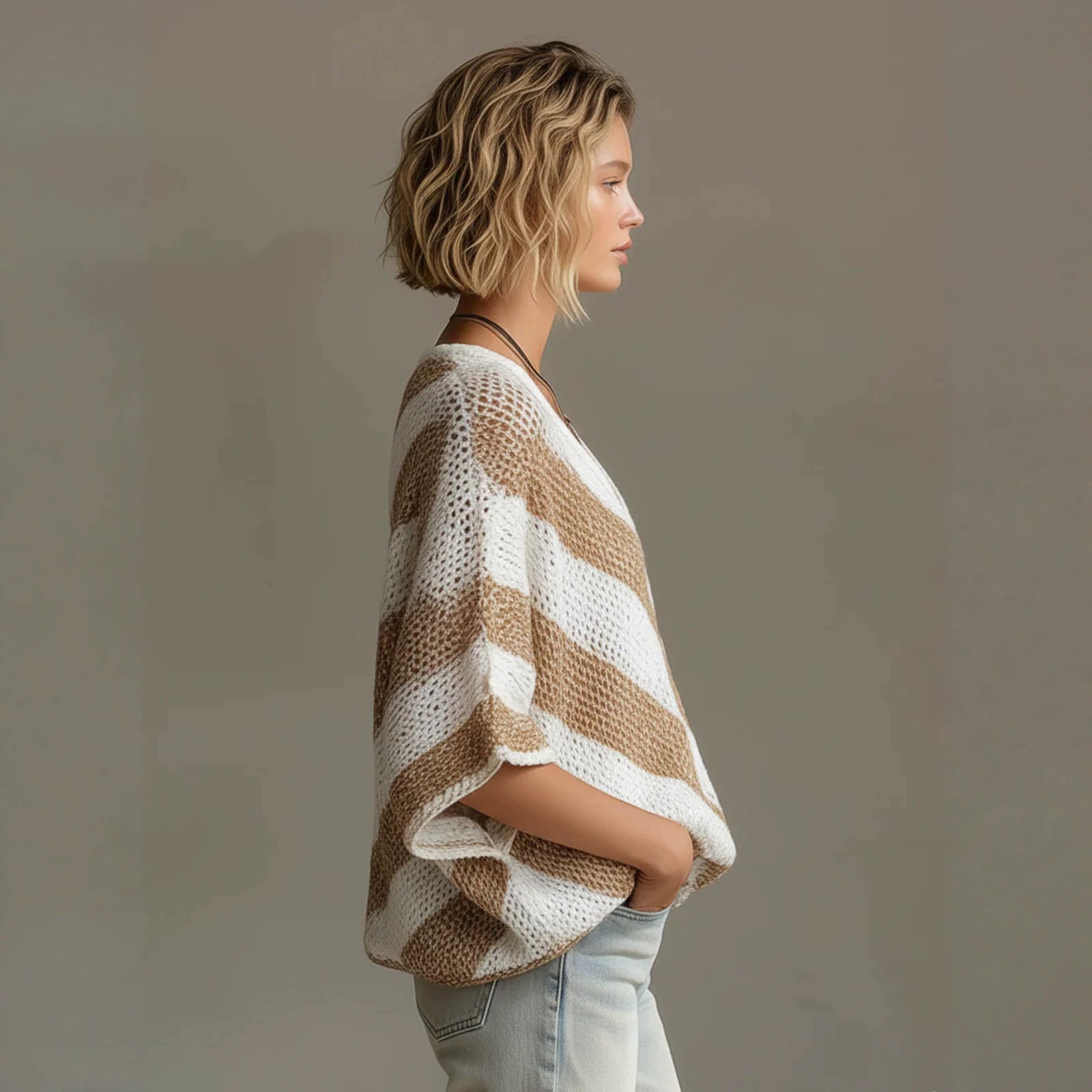 Women's V-Neck Knit Sweater – Loose Fit, Drop Shoulder, 3/4 Sleeve