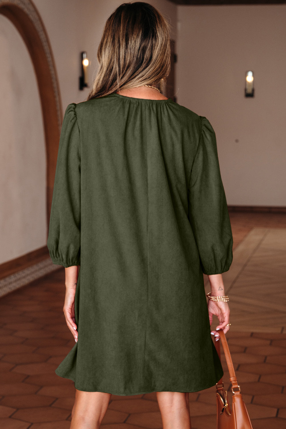 Corduroy Pleated Scallop Neck 3/4 Sleeve Mini Dress
