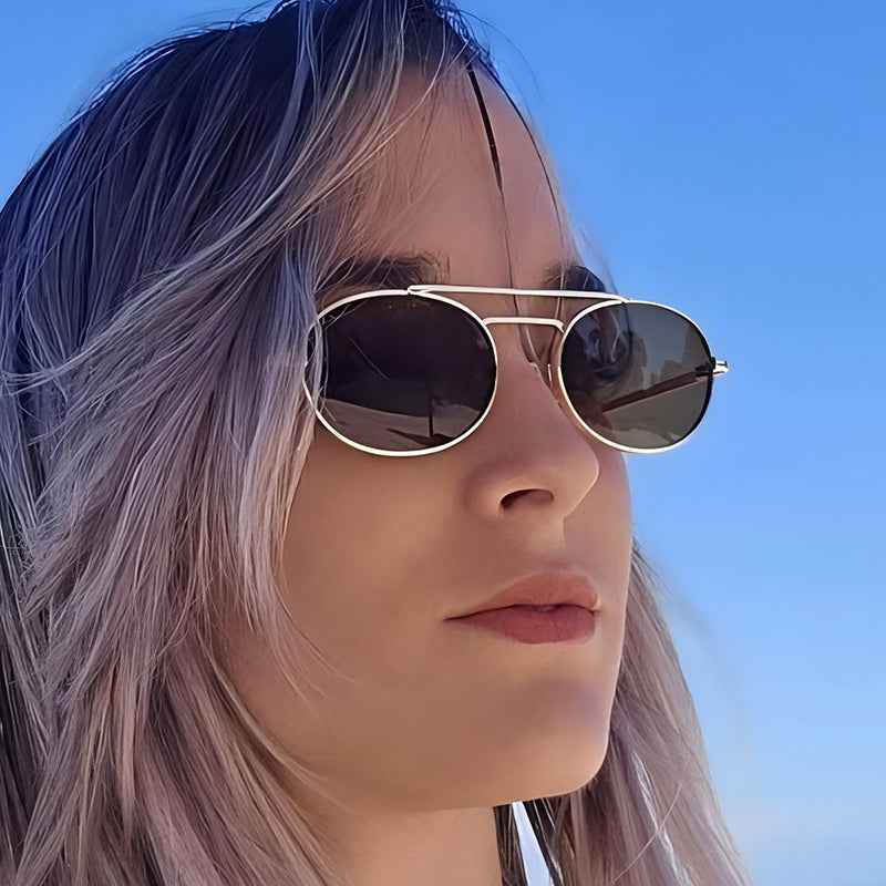 Retro Oval Dual-Beam Metal Sunglasses | UV Protection