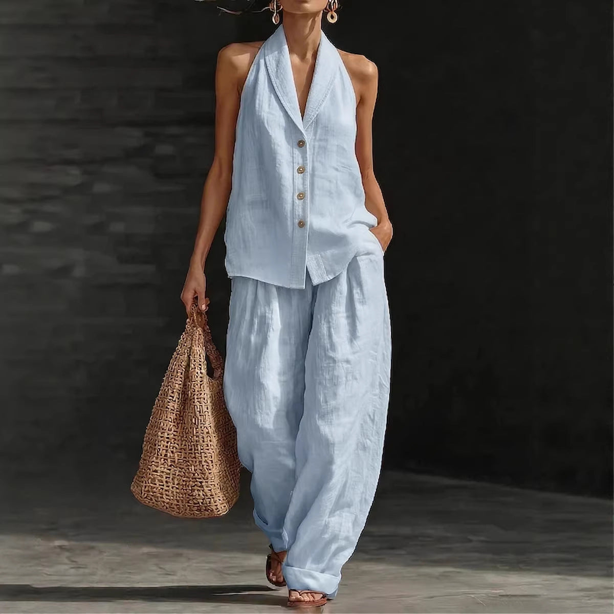 Women's Sleeveless Vest & Wide-Leg Pants Cotton-Linen Two-Piece Set