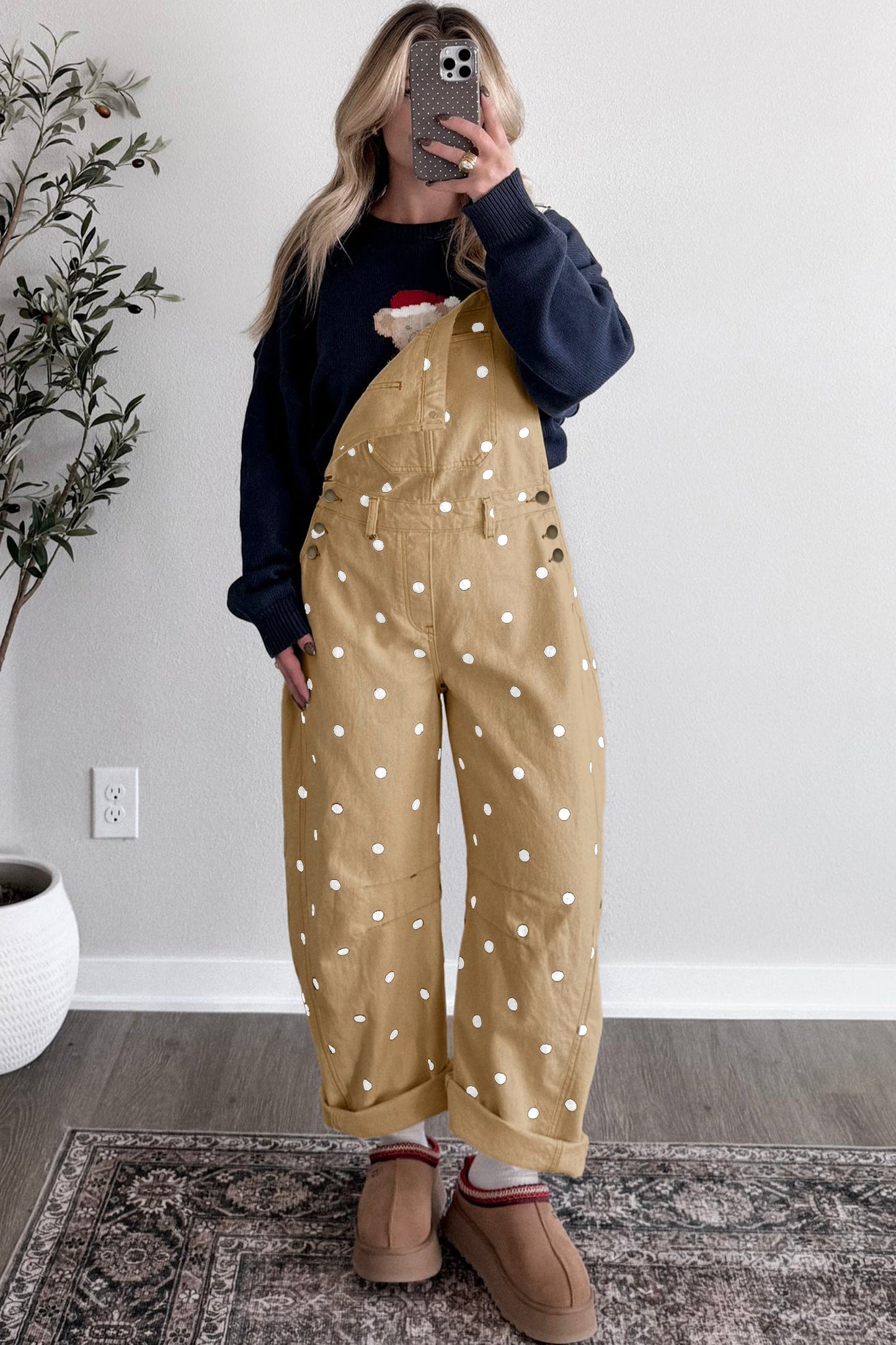 Polka Dot Denim Barrel Leg Overalls Jumpsuit