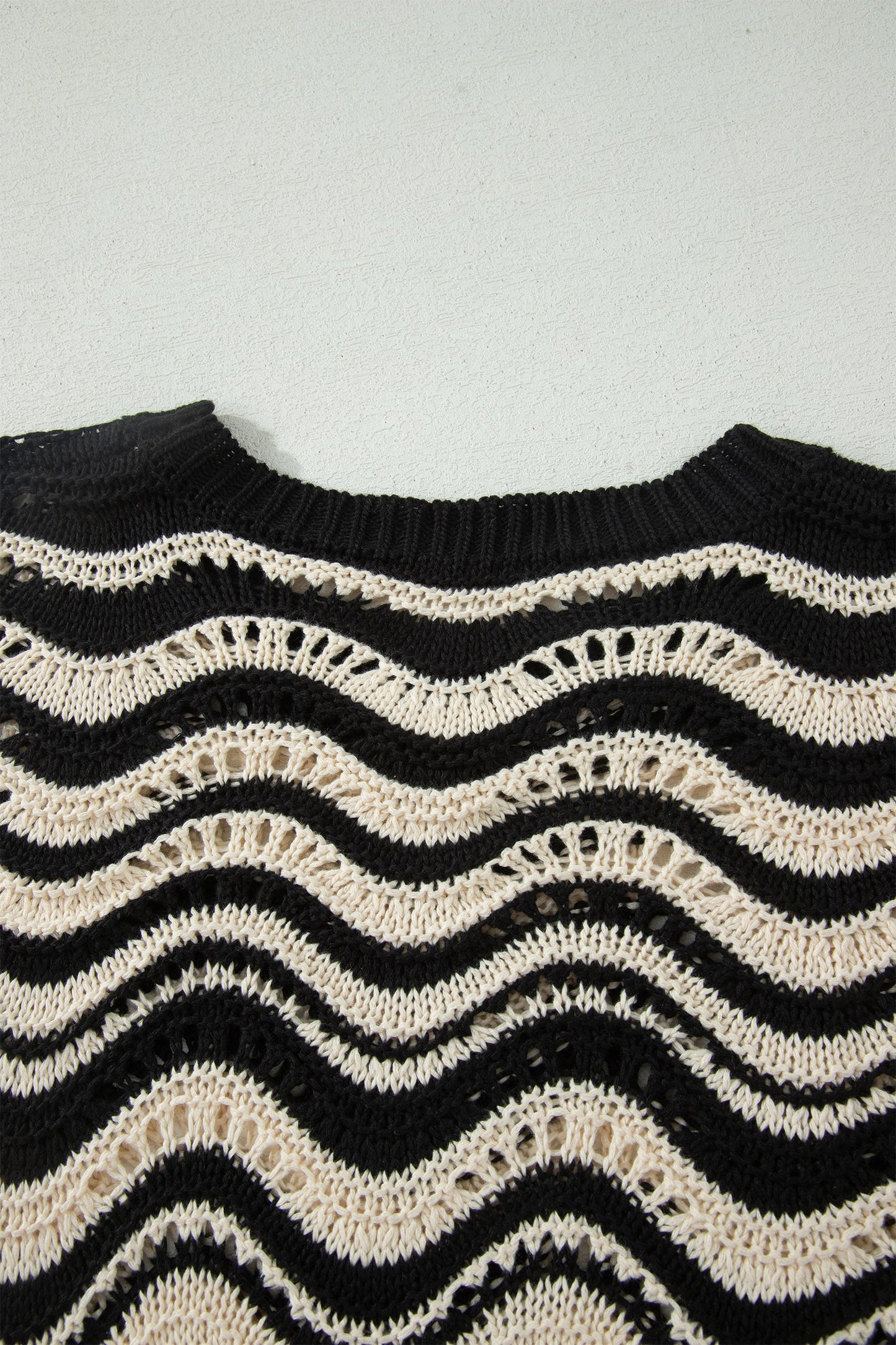 Wavy Stripe Ruffle 3/4 Sleeve Crochet Sweater