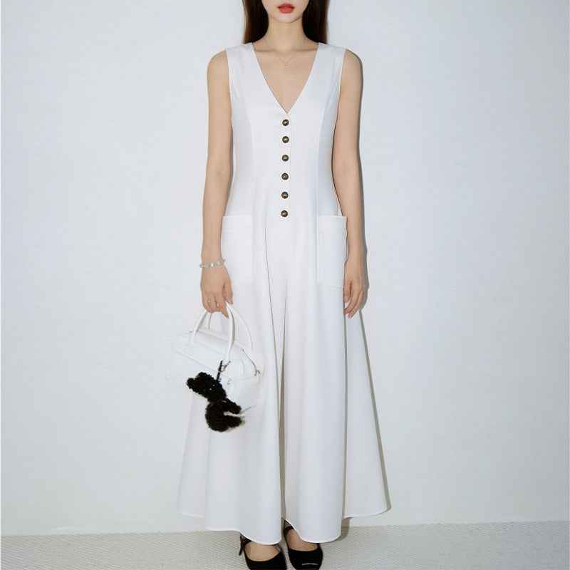 Women's V-Neck Sleeveless Button-Up Pencil Dress