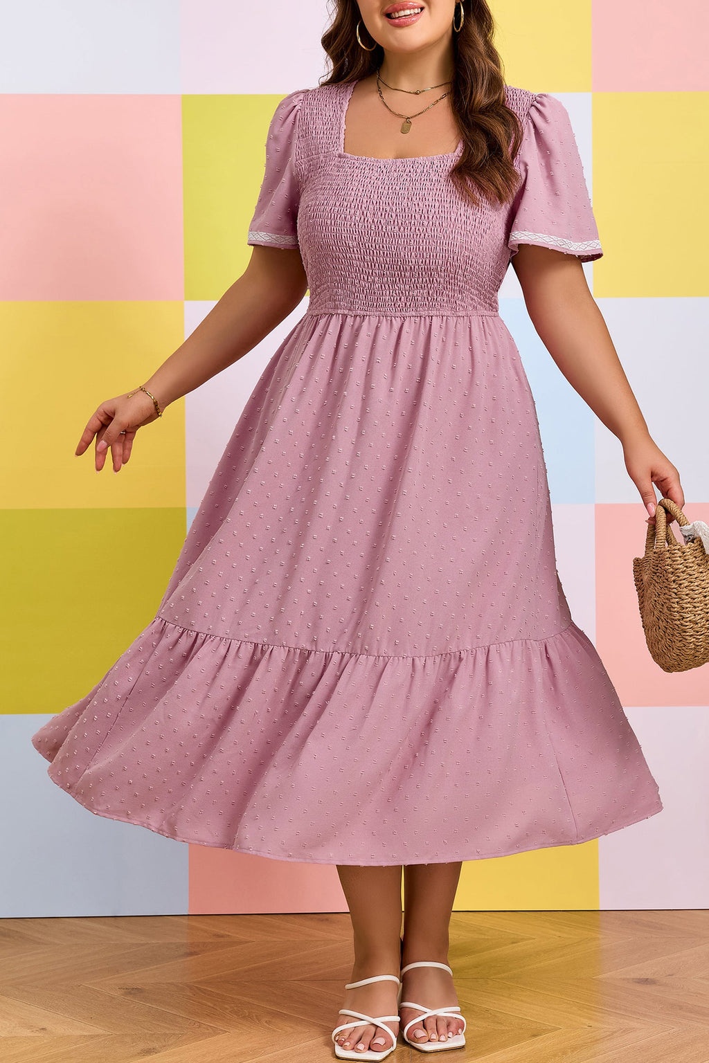 Plus Size Swiss Dot Smocked Flowy Midi Dress