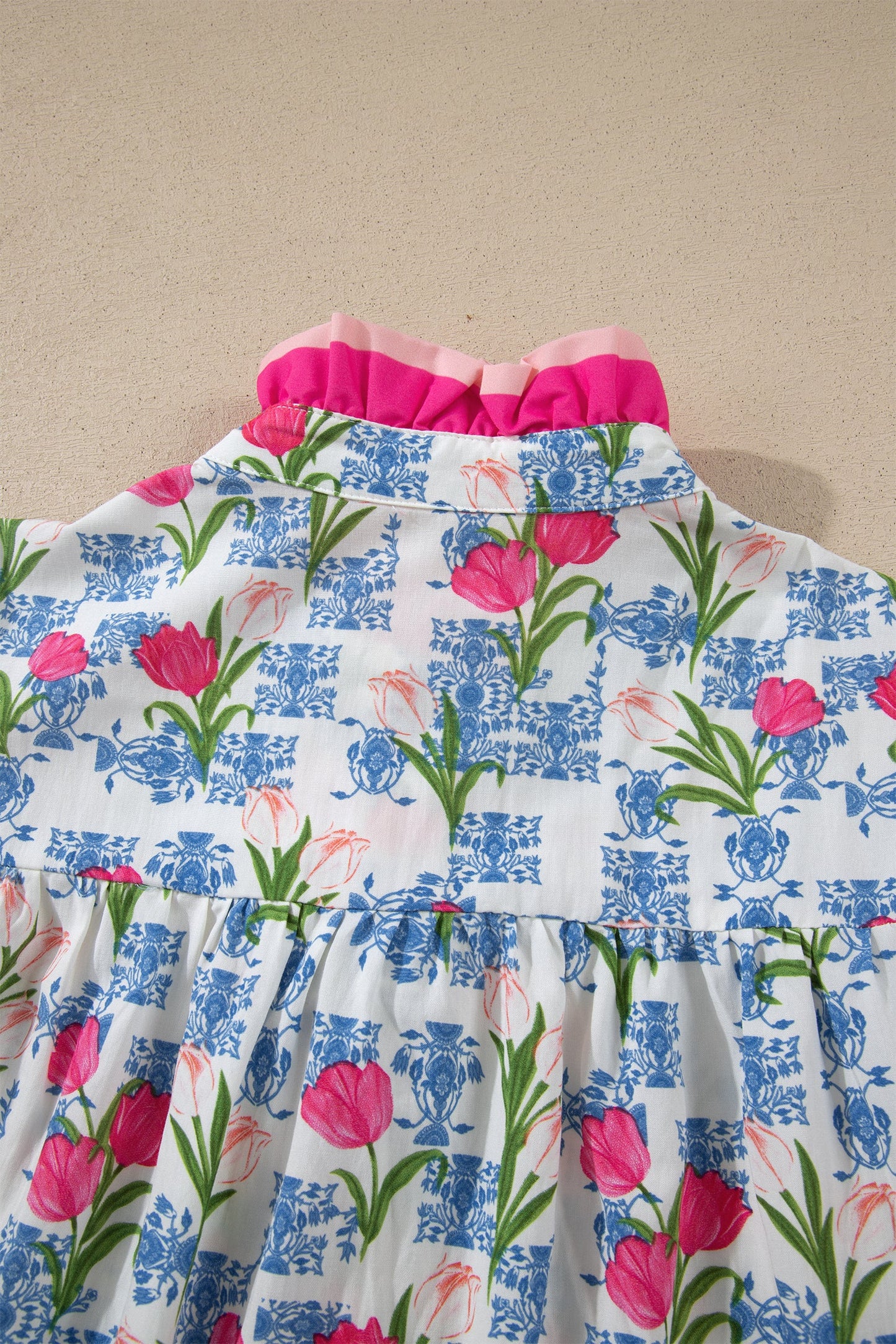 Floral Colorblock Flutter Sleeve Half Button Blouse