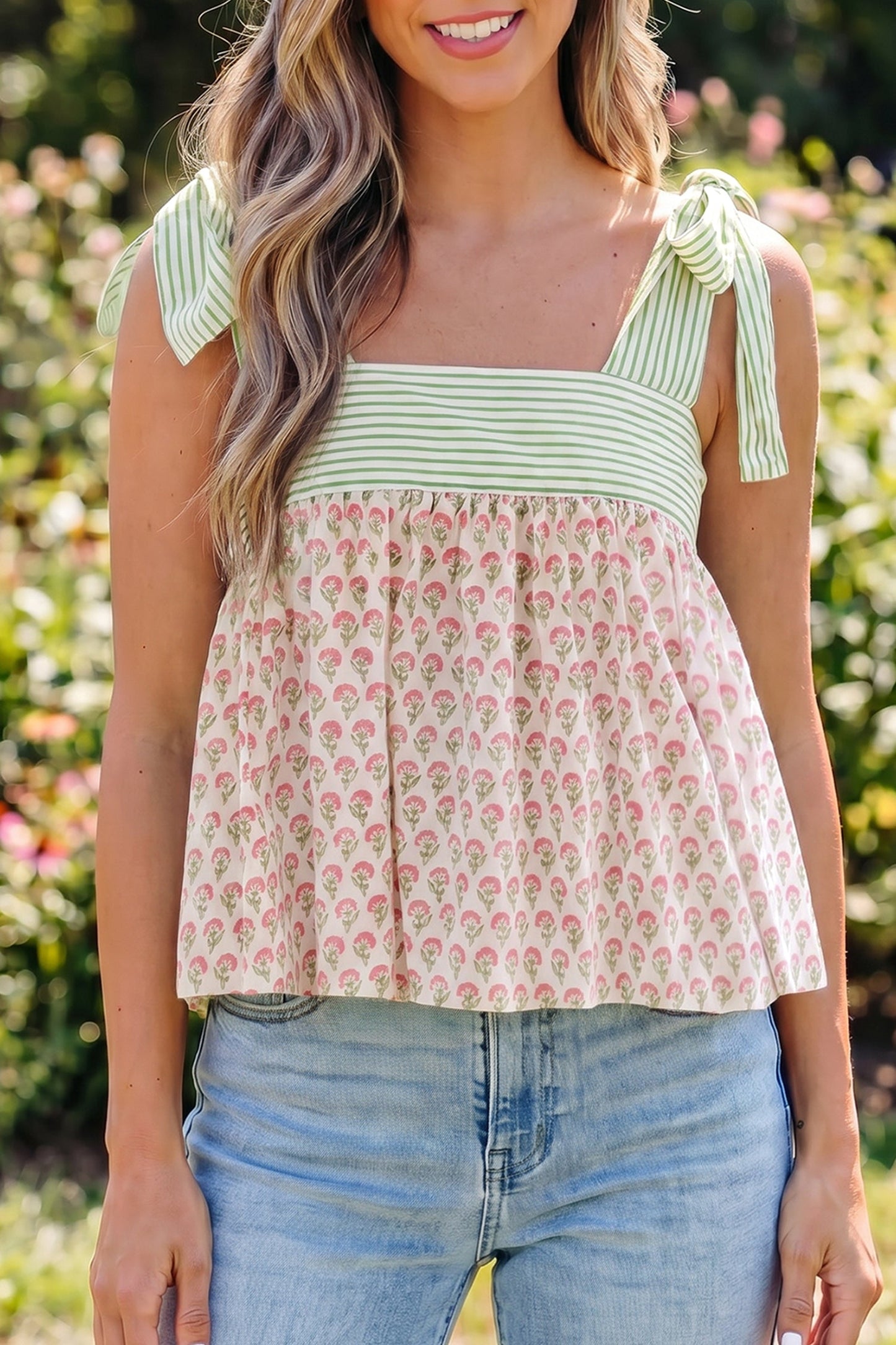 Floral Stripe Tie Strap Babydoll Tank Top