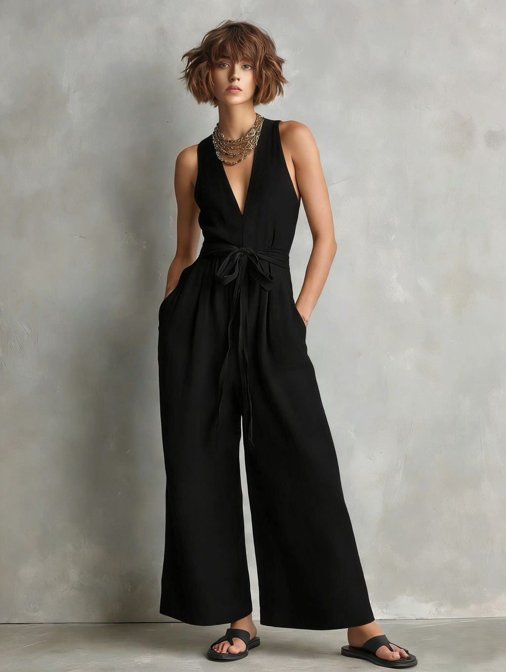 Women's Elegant V-Neck Sleeveless Commuter Jumpsuit