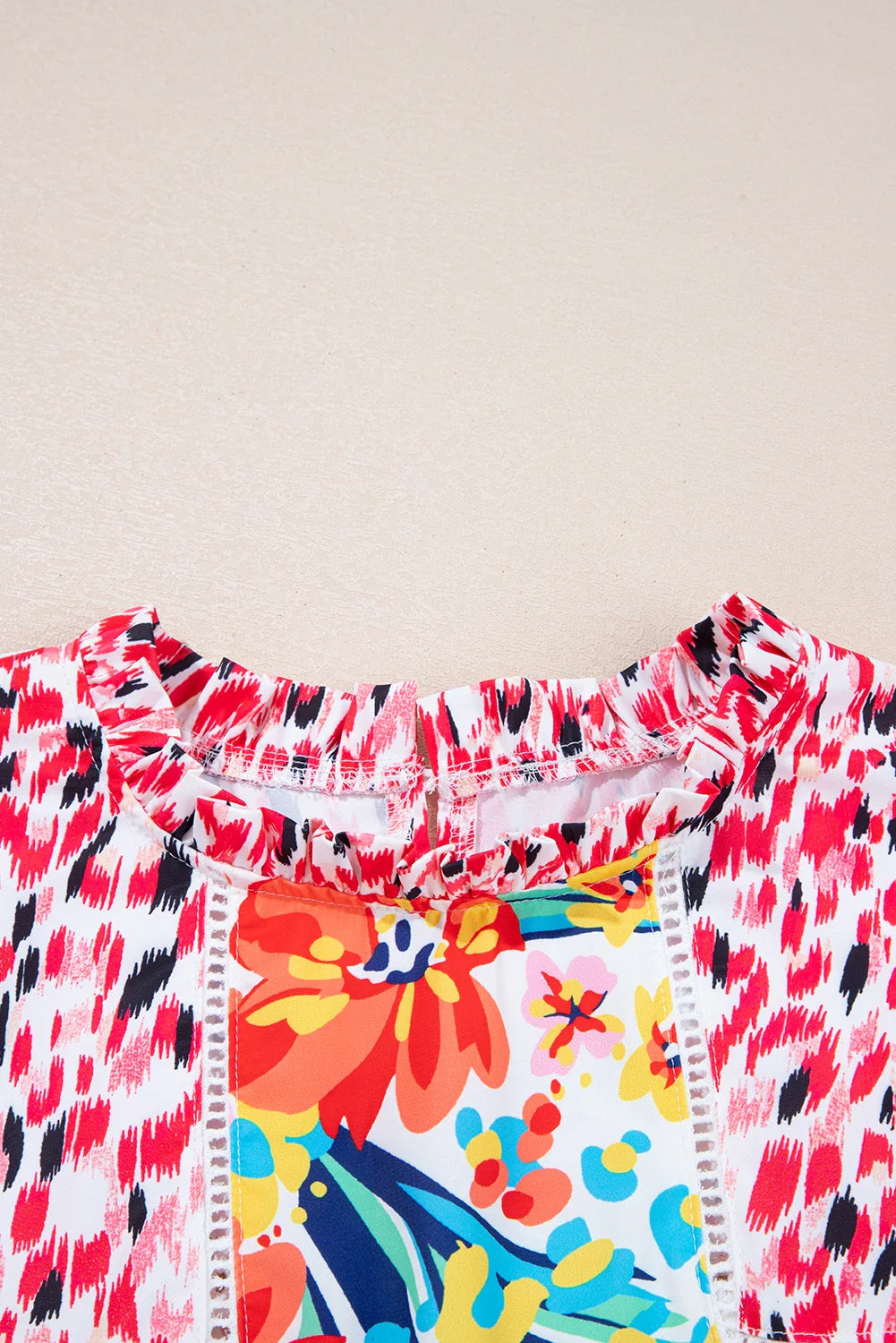 Floral Patchwork Ruffle Cap Sleeve Blouse